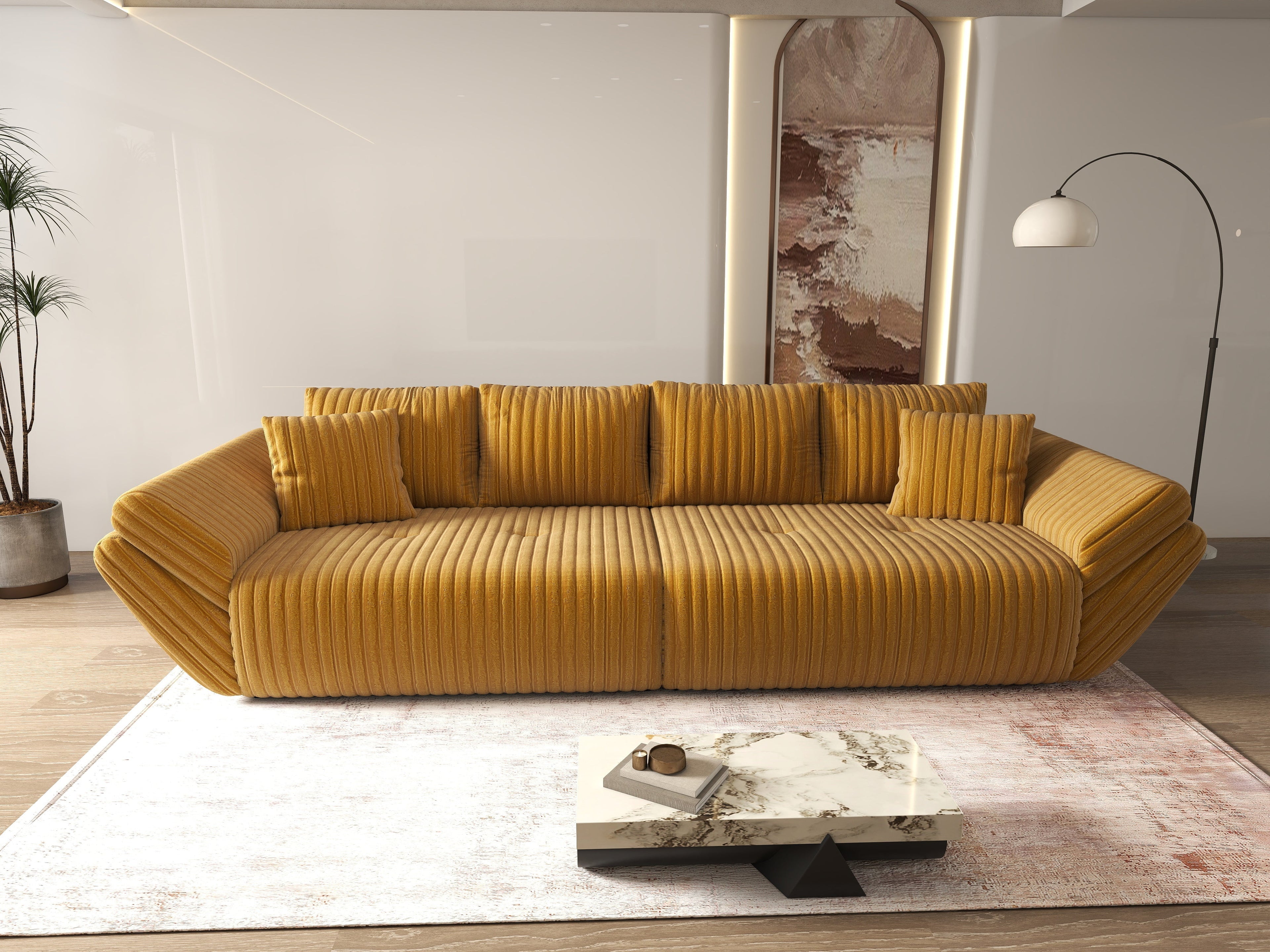 Canapea extensibilă dumonde cu ladă de depozitare si sezut confortabil din spuma high-density, Berlin Ambience Mustar 300x100 cm
