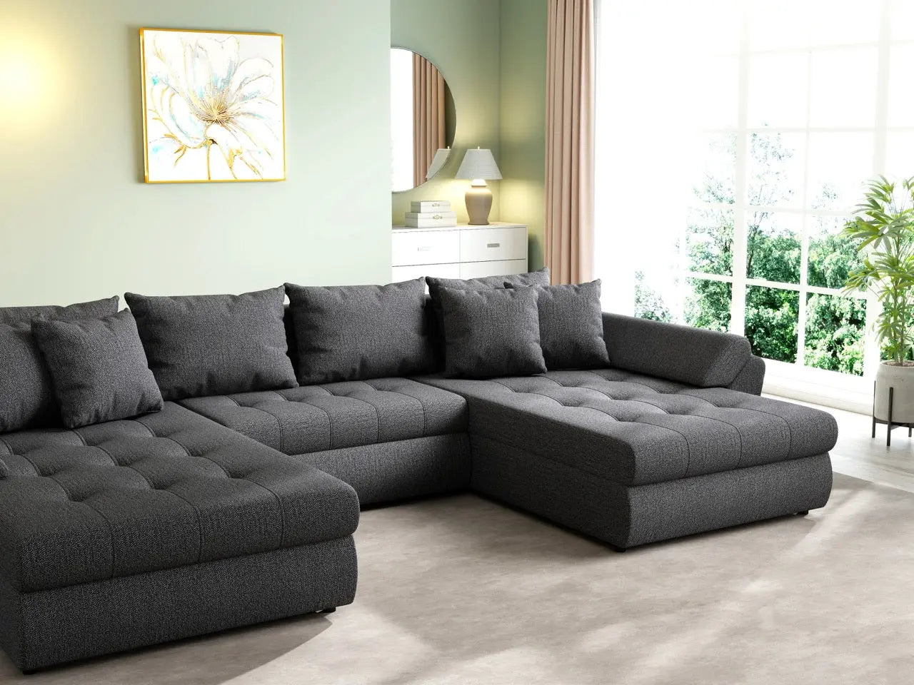 Colțar extensibil dumonde cu ladă de depozitare si sezut confortabil din spuma high-density, Loana U Enjoy Grafit 355x185 cm