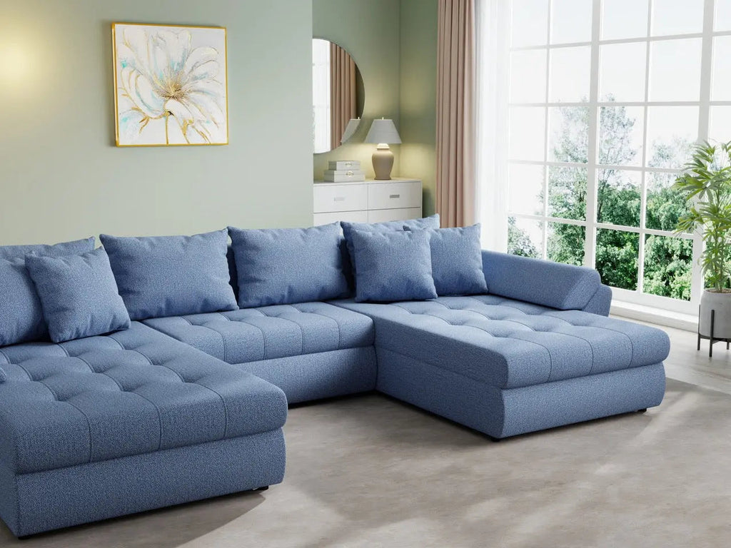Colțar extensibil  dumonde cu ladă de depozitare si sezut confortabil din spuma high-density, Loana U Enjoy Blue 355x185 cm