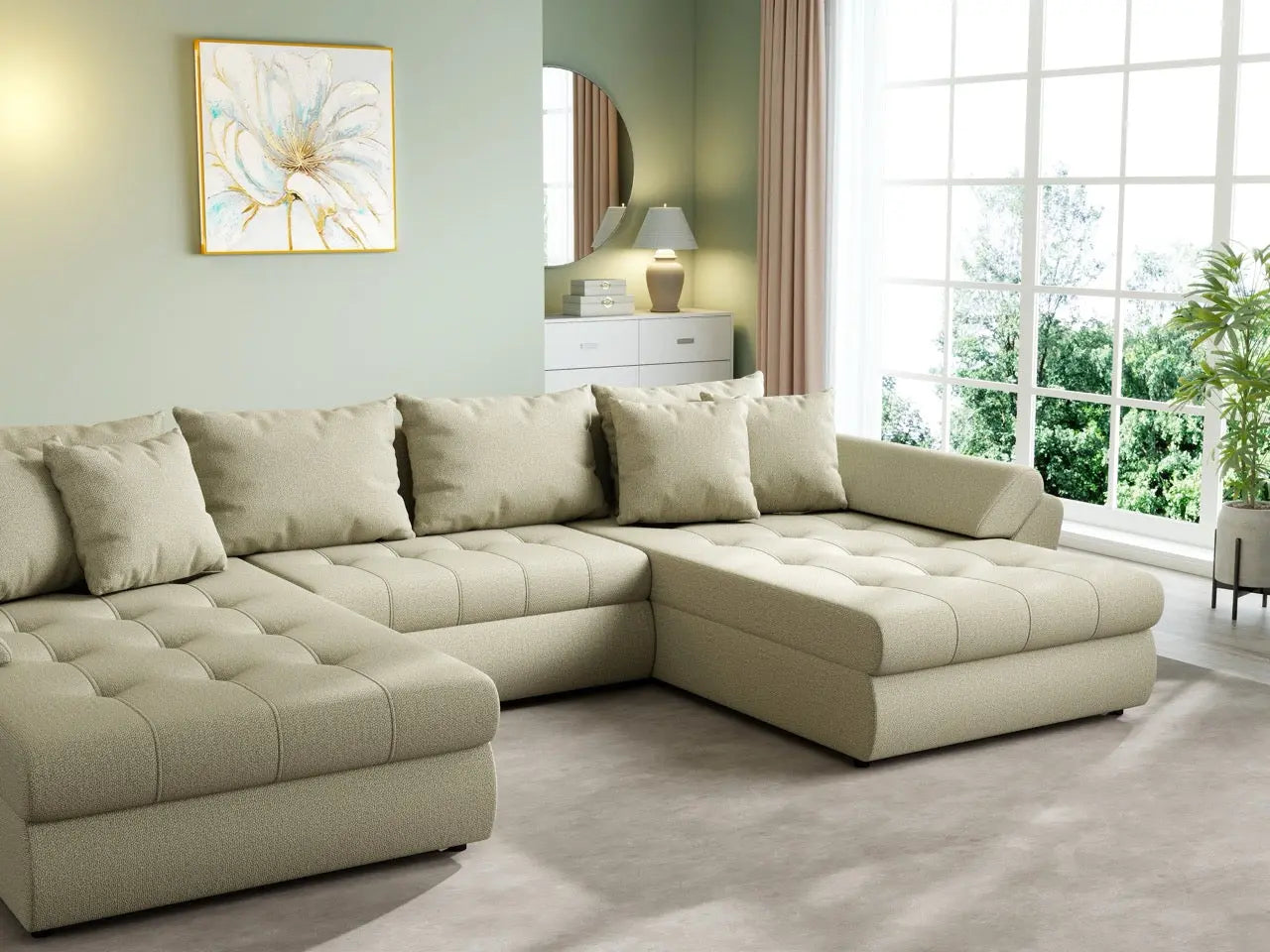 Colțar extensibil dumonde cu ladă de depozitare si sezut confortabil din spuma high-density, Loana U Enjoy Camel 355x185 cm