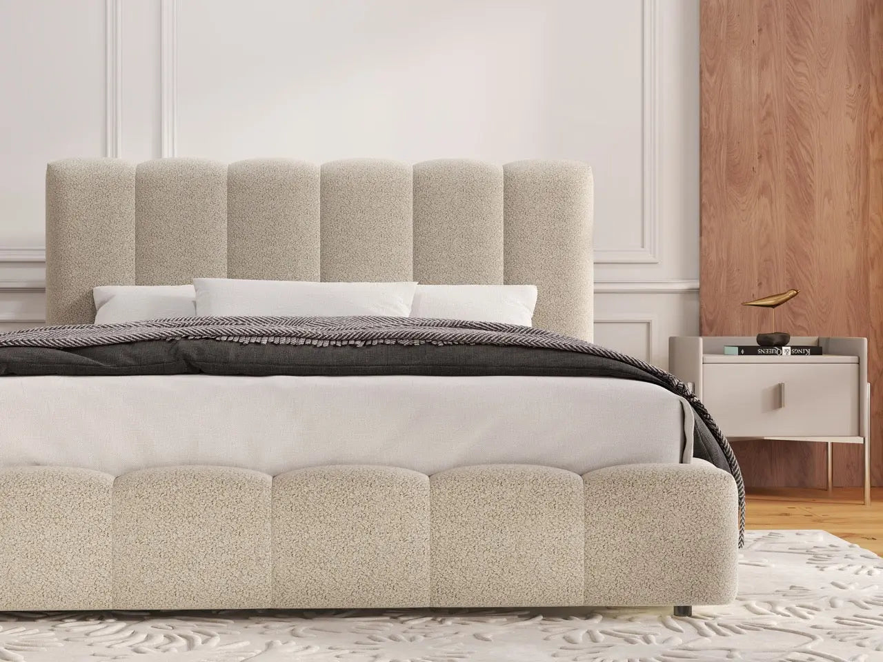 Pat dormitor dumonde, tapitat bej, Milano 160x200 cm, somiera rabatabila inclusa, spatiu depozitare