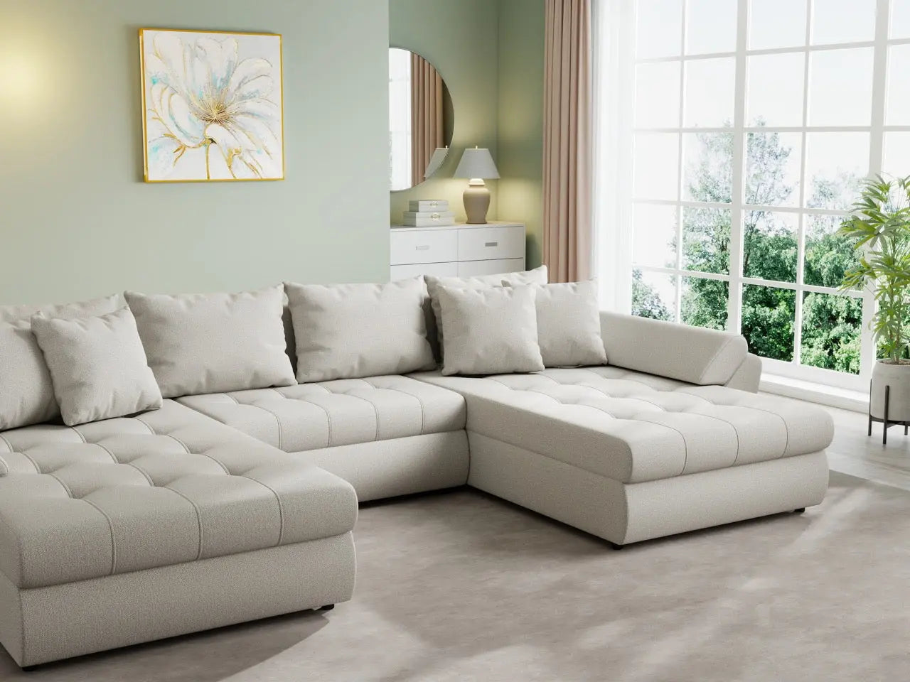 Colțar extensibil dumonde cu ladă de depozitare si sezut confortabil din spuma high-density, Loana U Enjoy Bej 355x185 cm