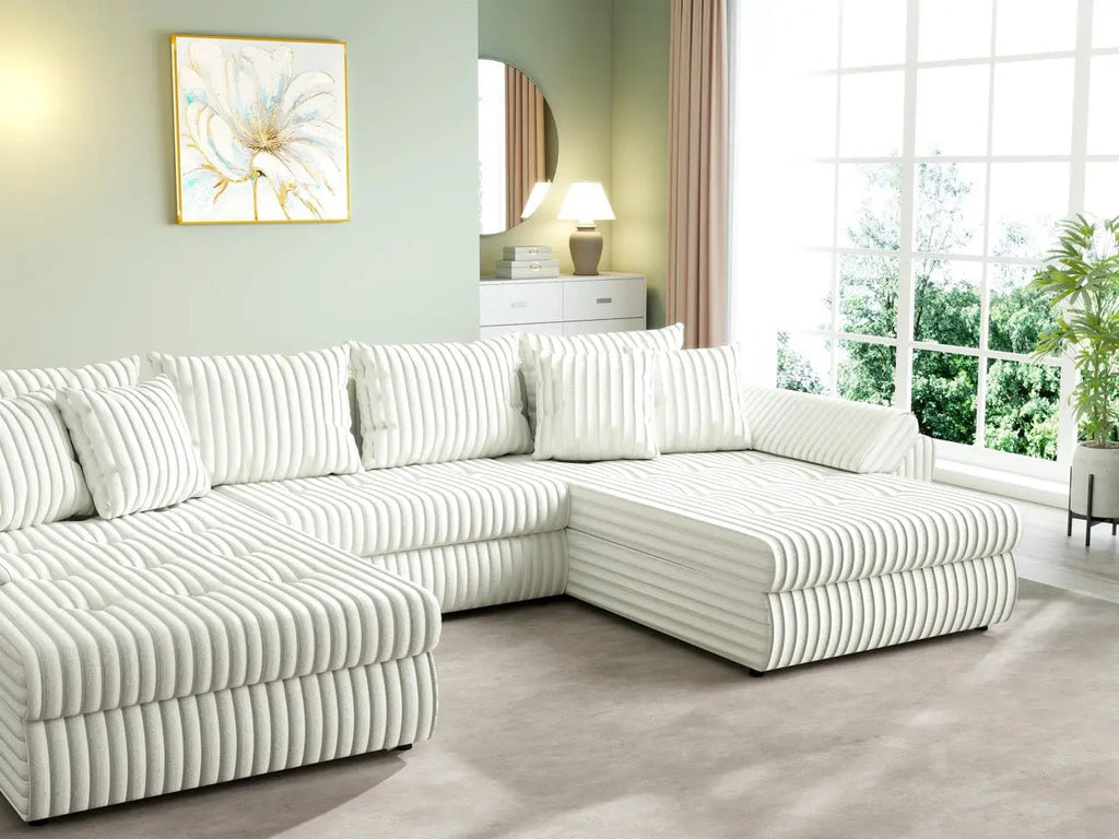 Colțar extensibil dumonde cu ladă de depozitare si sezut confortabil din spuma high-density, Loana U Ambience Ivory 355x185 cm