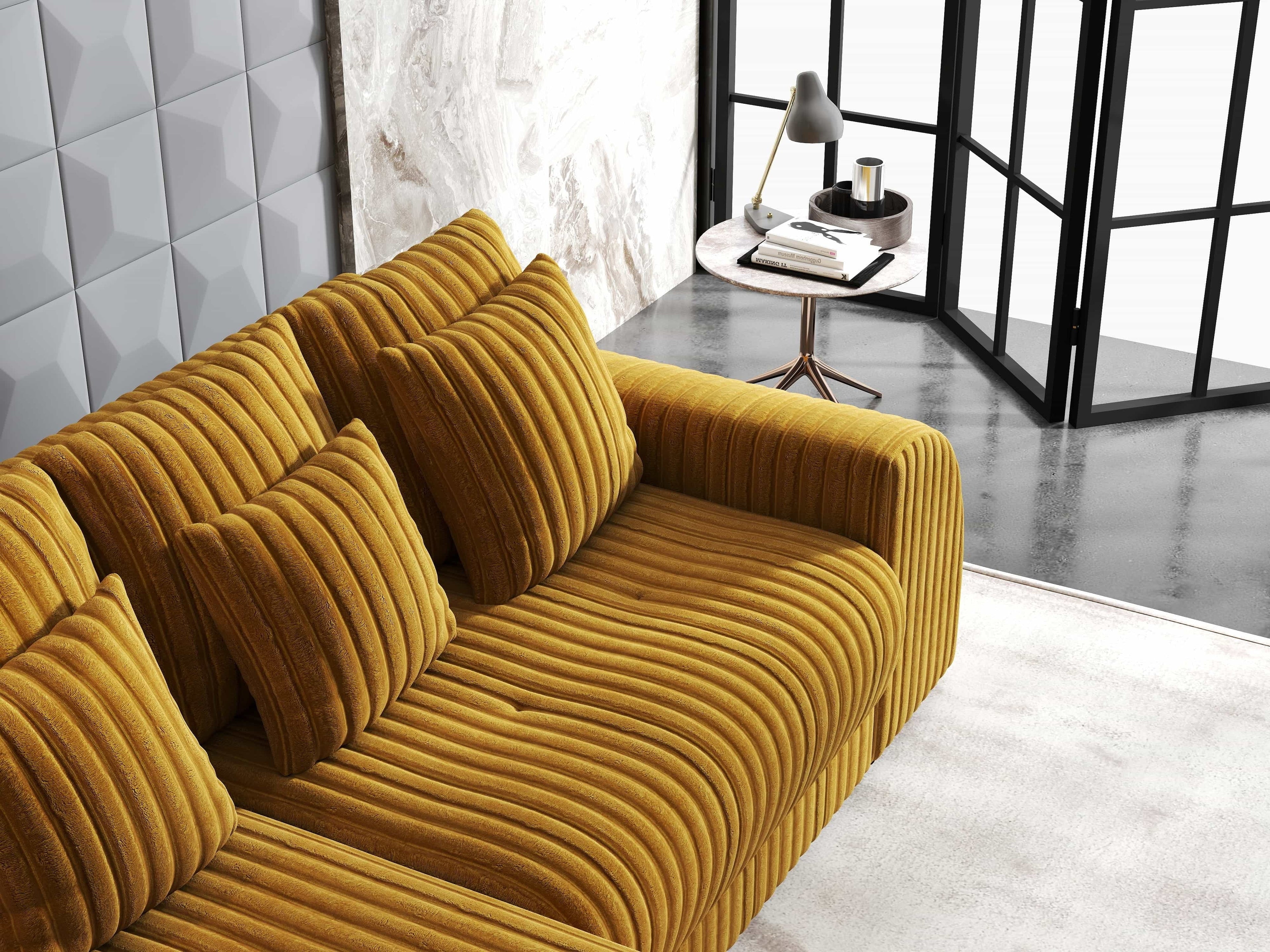 Colțar extensibil dumonde cu ladă de depozitare si sezut confortabil din spuma high-density, Verona Ambience Mustar 290x185 cm