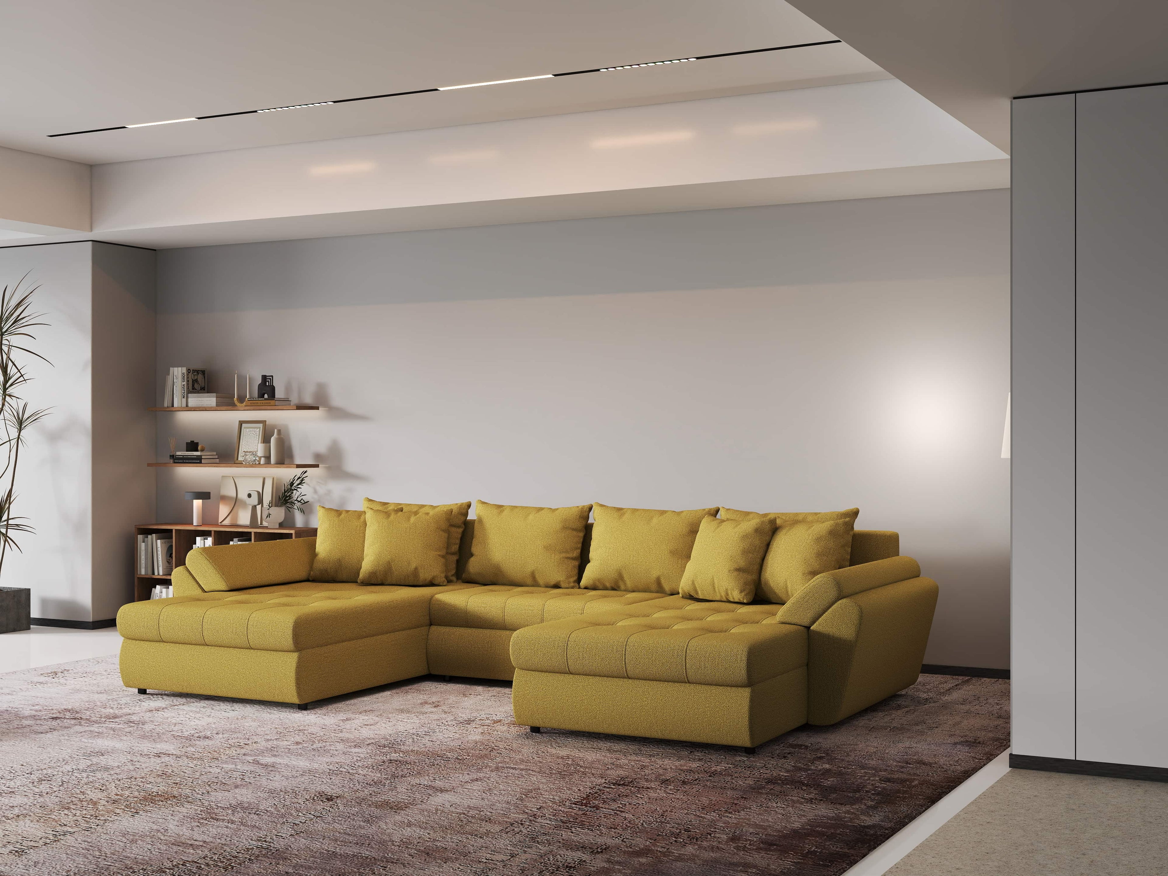Colțar extensibil dumonde cu ladă de depozitare si sezut confortabil din spuma high-density, Loana U Enjoy Melon 355x185 cm