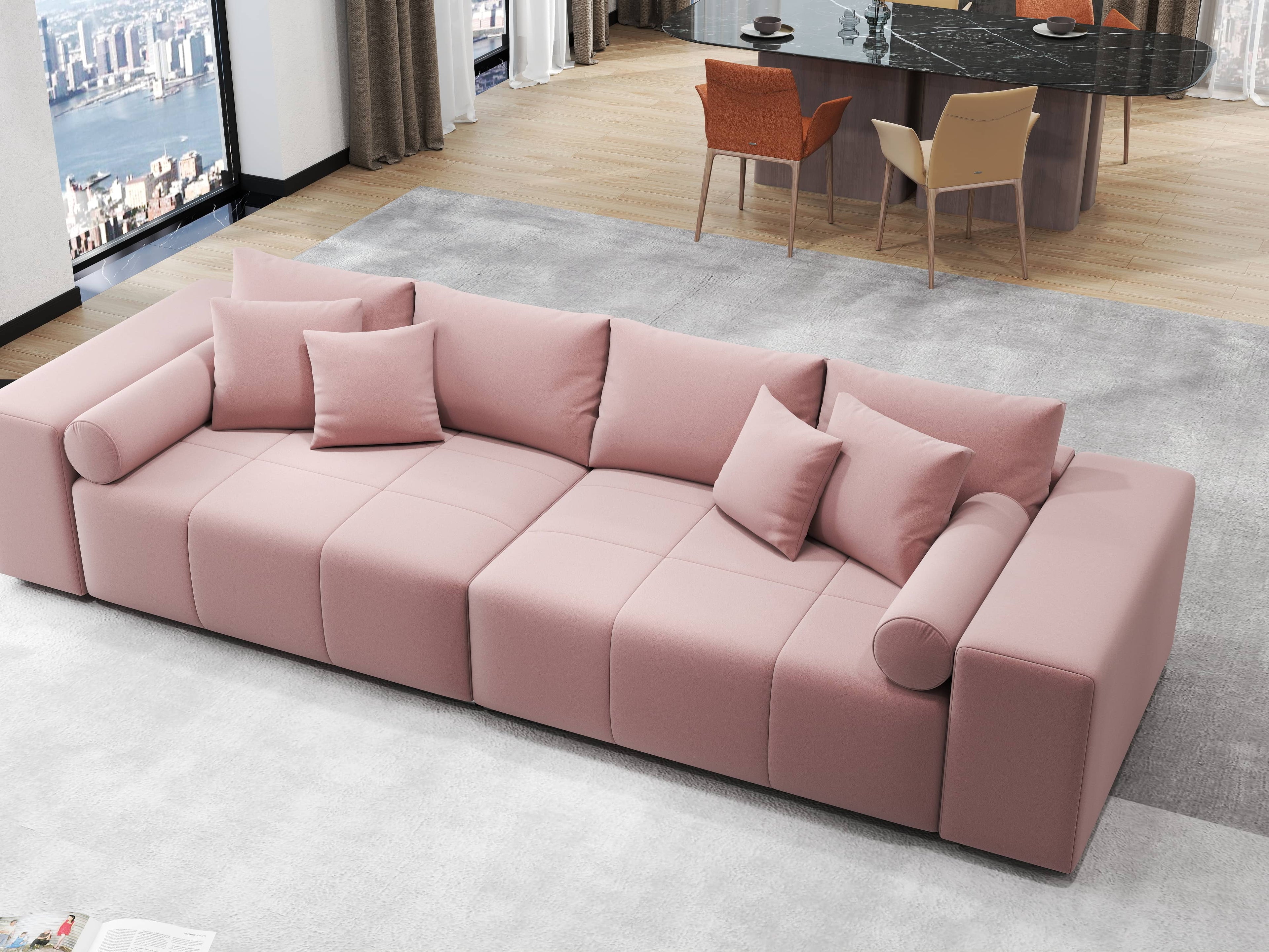 Canapea extensibilă dumonde cu ladă de depozitare si sezut confortabil din spuma high-density, Marbela Royal Roz XXL 295x100 cm