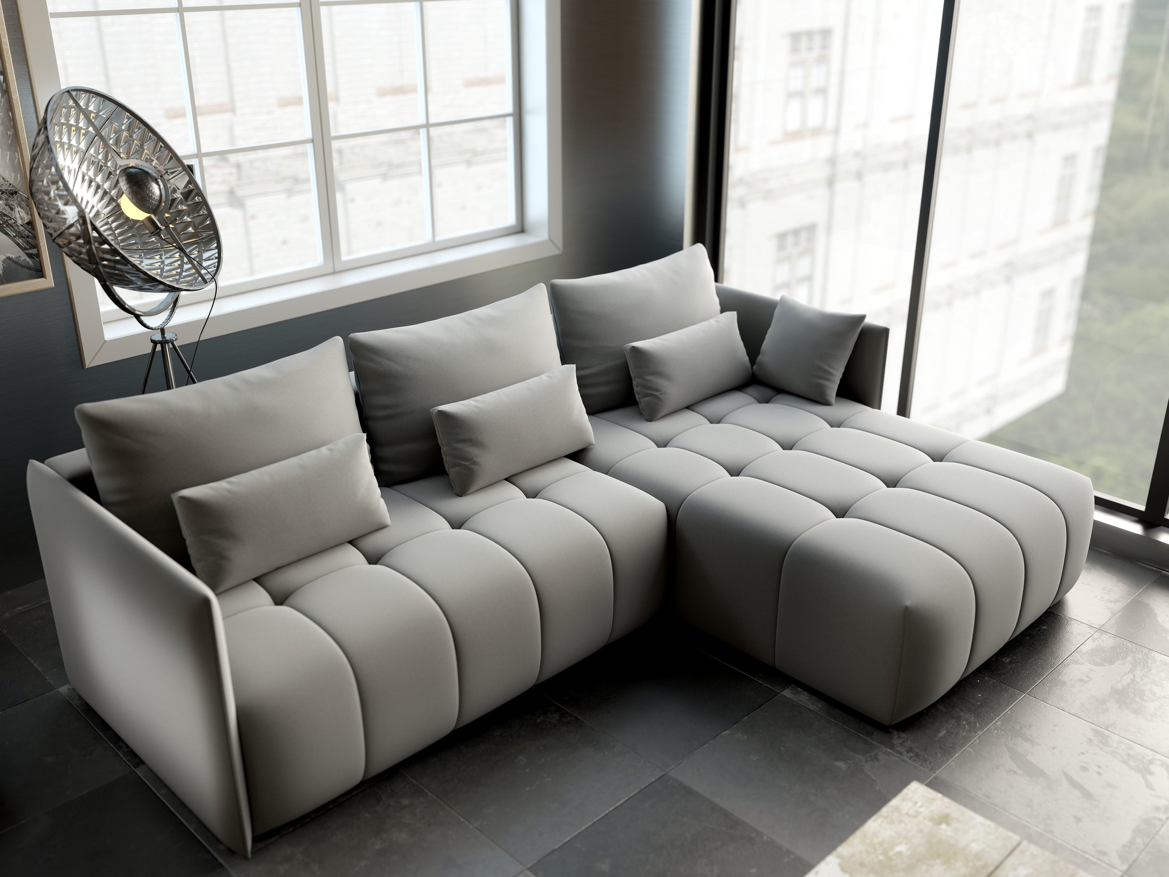 Colțar extensibil dumonde cu ladă de depozitare si sezut confortabil din spuma high-density, Malta Royal Grey II 235x185 cm
