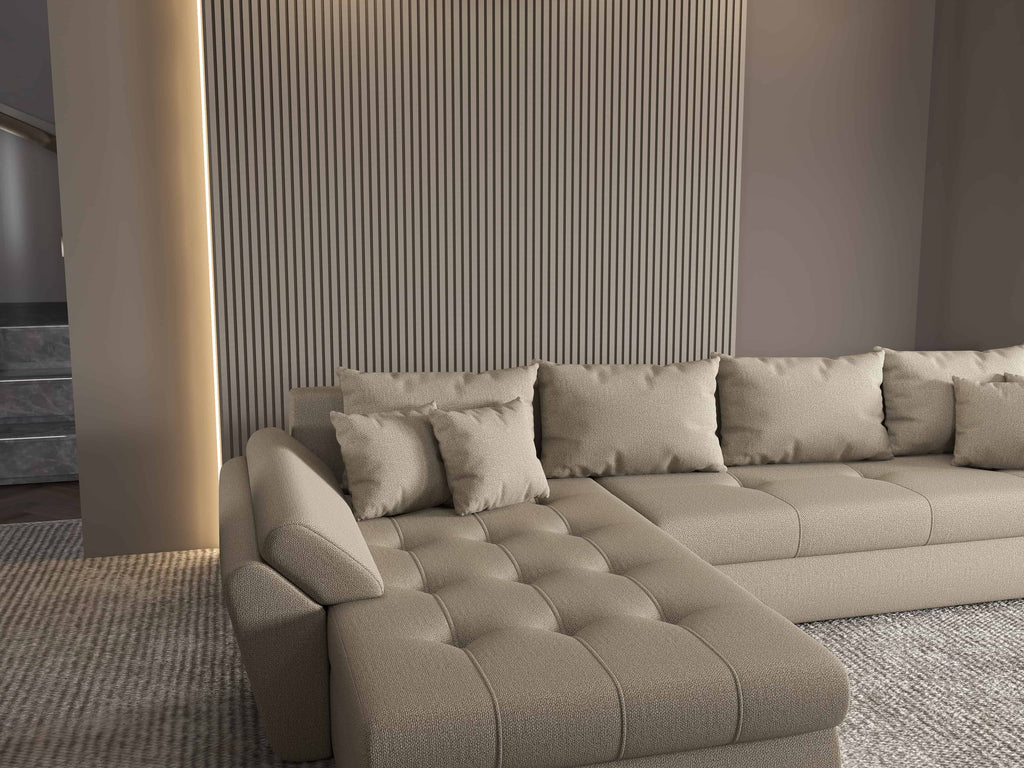 Colțar extensibil dumonde cu ladă de depozitare si sezut confortabil din spuma high-density, Loana XL Enjoy Camel 335x185 cm