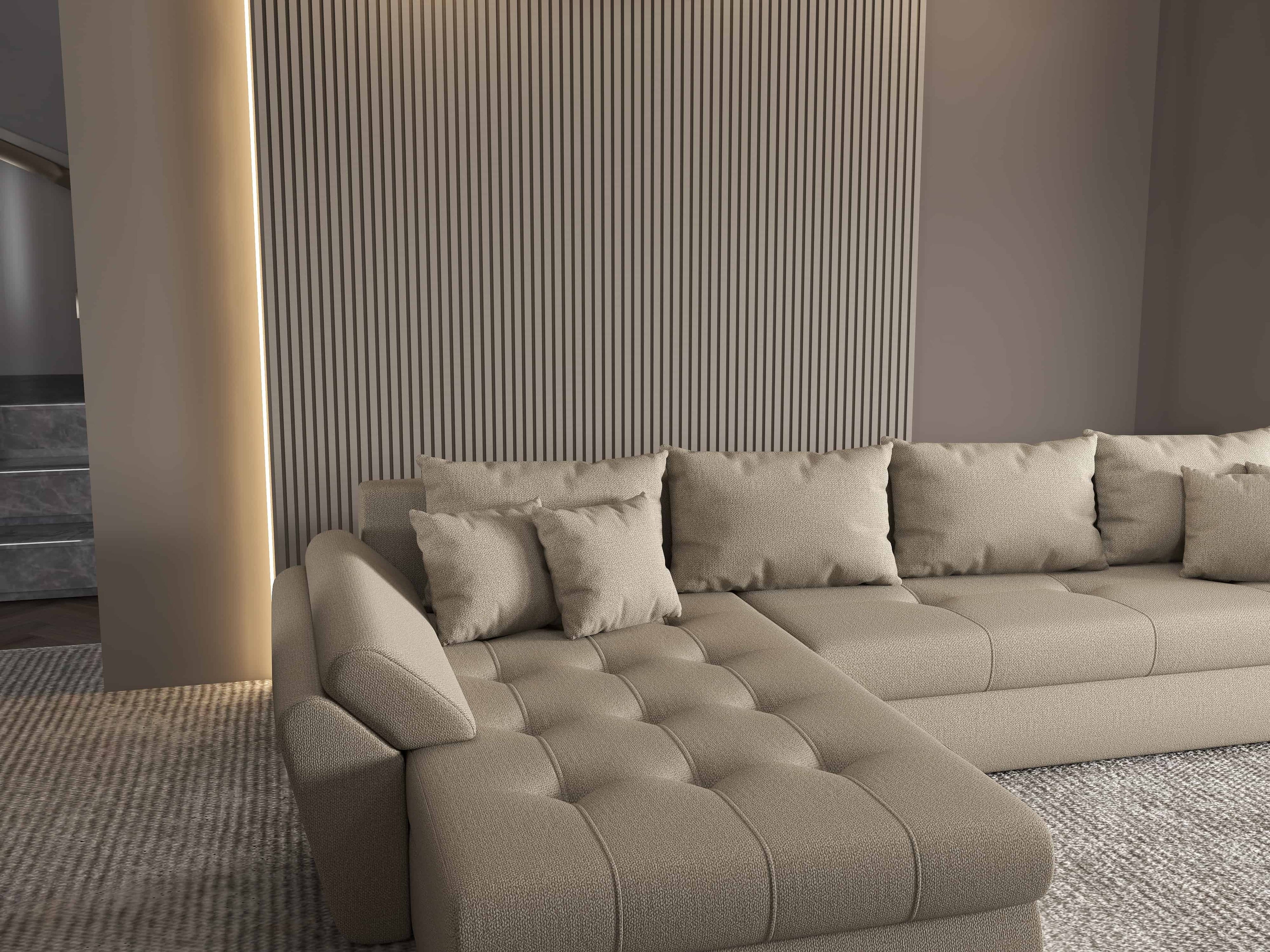 Colțar extensibil dumonde cu ladă de depozitare si sezut confortabil din spuma high-density, Loana XL Enjoy Camel 335x185 cm