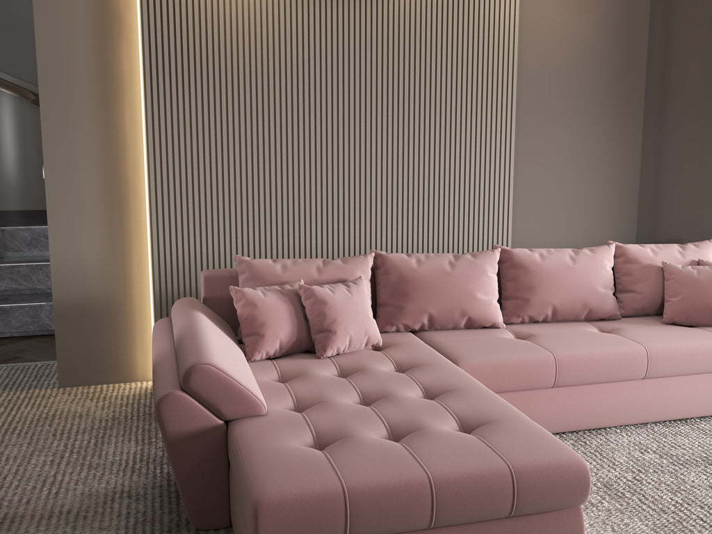 Colțar extensibil dumonde cu ladă de depozitare si sezut confortabil din spuma high-density, Loana XL Royal Roz 335x185 cm