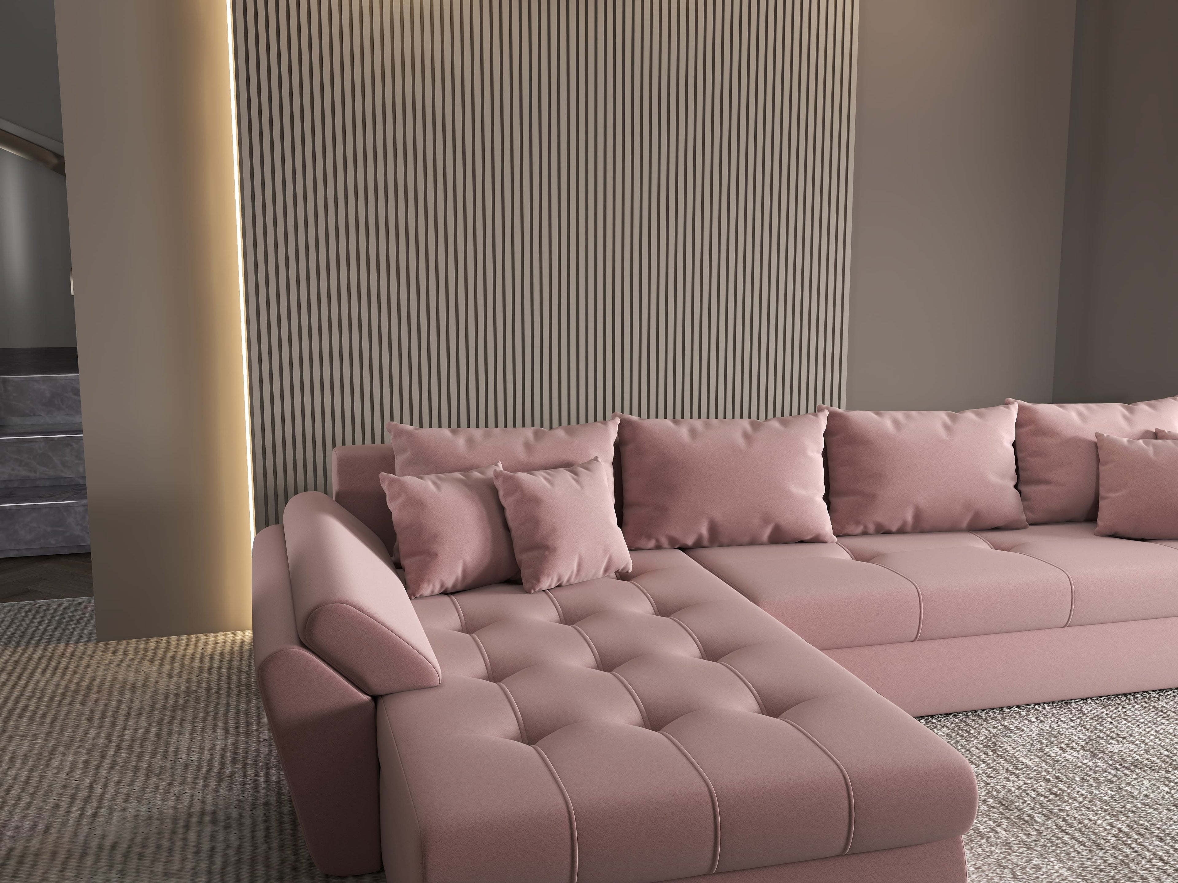 Colțar extensibil dumonde cu ladă de depozitare si sezut confortabil din spuma high-density, Loana XL Royal Roz 335x185 cm
