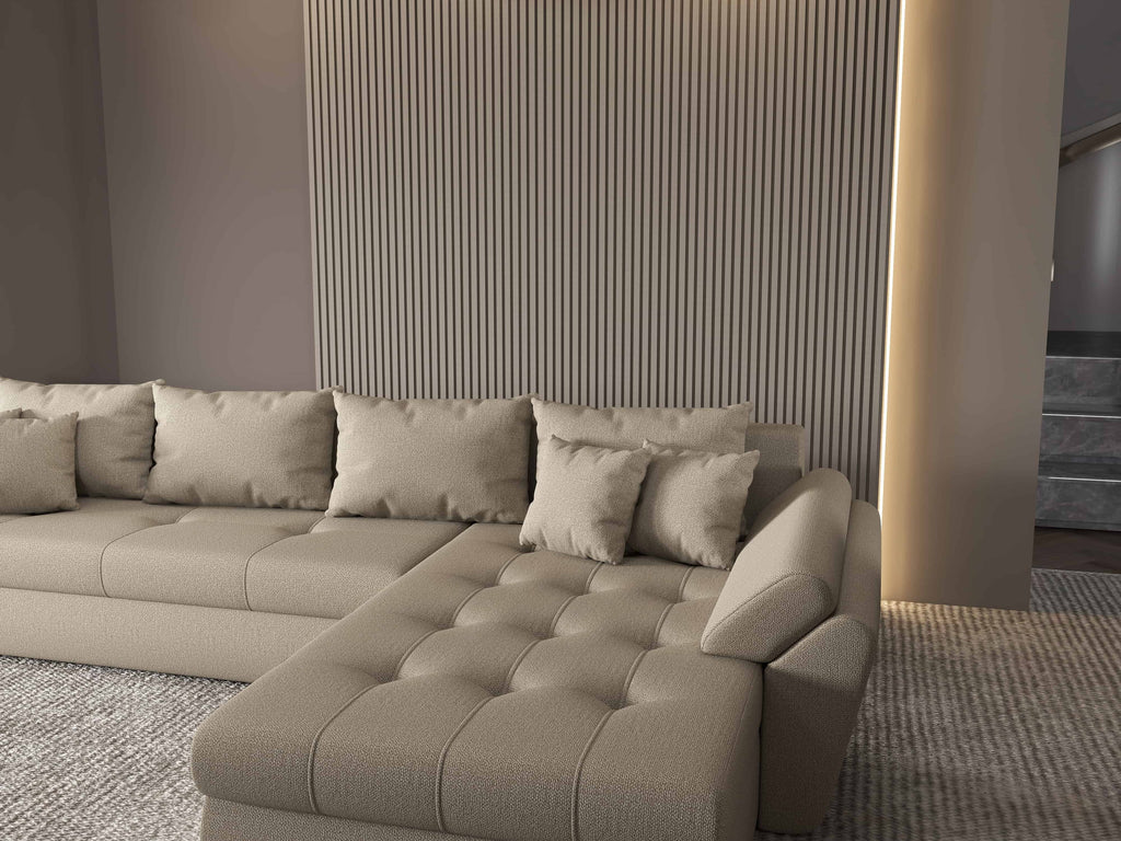 Colțar extensibil dumonde cu ladă de depozitare si sezut confortabil din spuma high-density, Loana XL Enjoy Camel II 335x185 cm