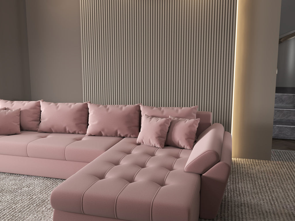 Colțar extensibil dumonde cu ladă de depozitare si sezut confortabil din spuma high-density, Loana XL Royal Roz II 335x185 cm