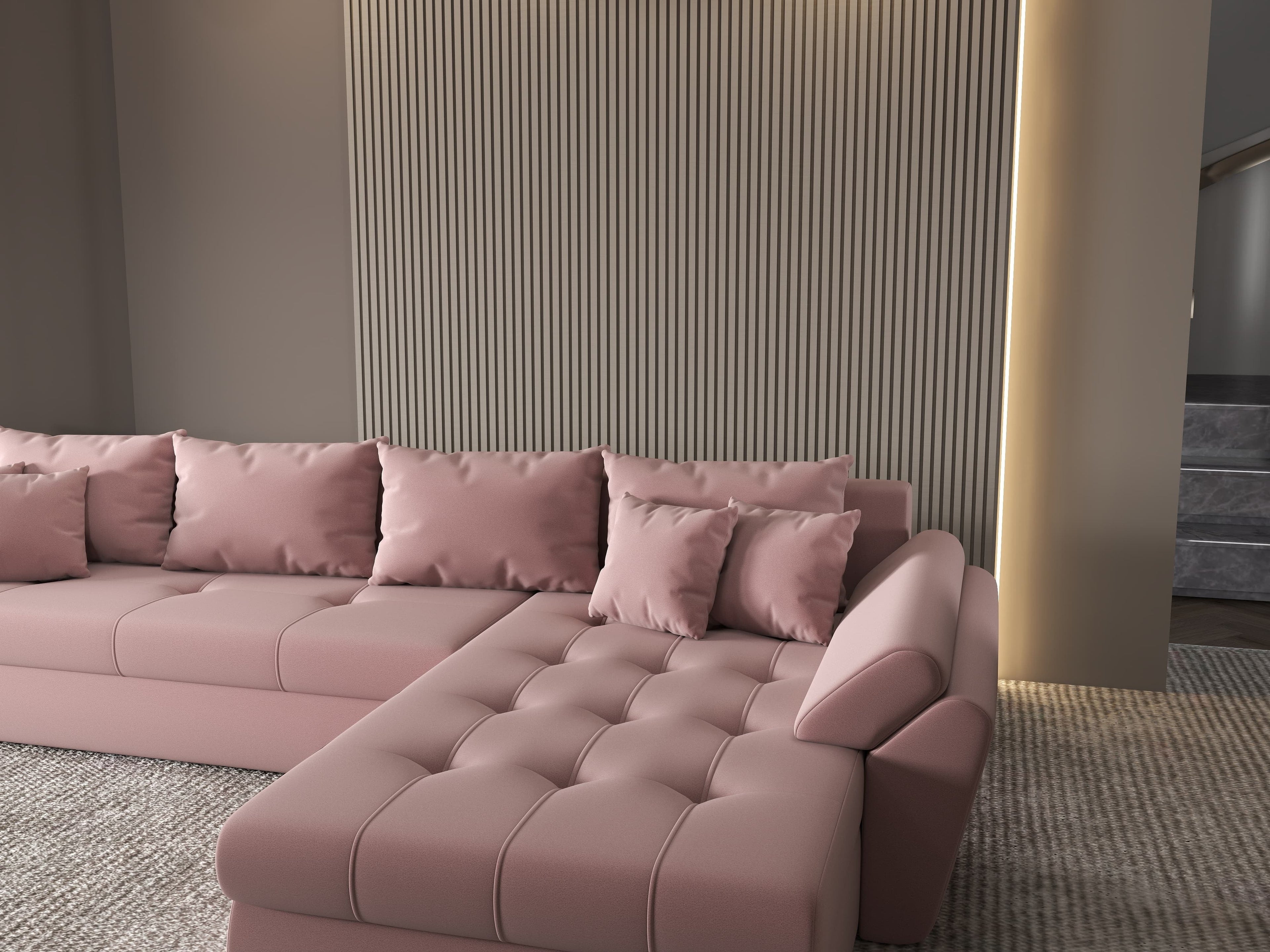 Colțar extensibil dumonde cu ladă de depozitare si sezut confortabil din spuma high-density, Loana XL Royal Roz II 335x185 cm