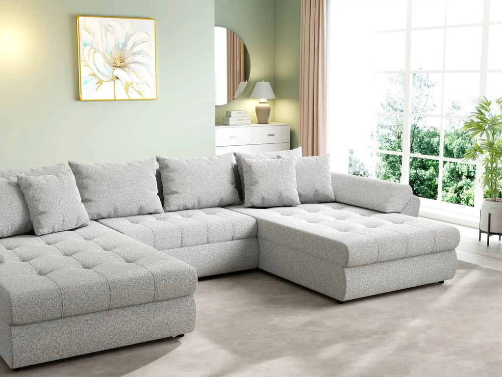 Colțar extensibil dumonde cu ladă de depozitare si sezut confortabil din spuma high-density, Loana U Euphoria Dove 355x185 cm