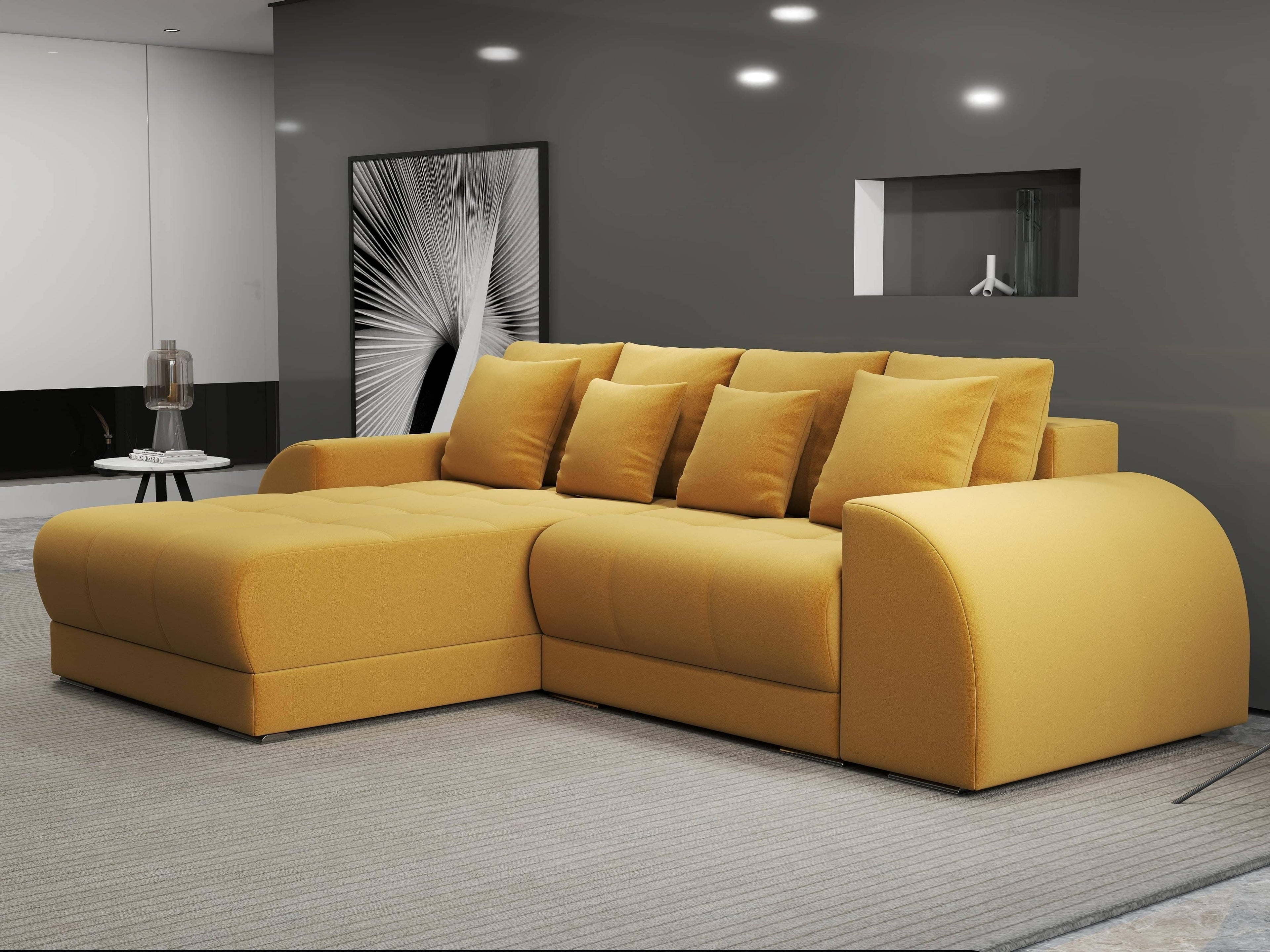 Colțar extensibil dumonde cu ladă de depozitare si sezut confortabil din spuma high-density, Verona Royal Mustar 290x185 cm