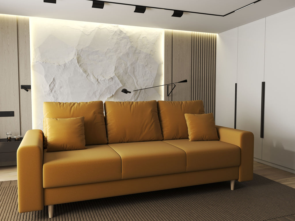 Canapea extensibilă dumonde cu ladă de depozitare si sezut confortabil din spuma high-density, Kronos Royal Mustar 210x100 cm