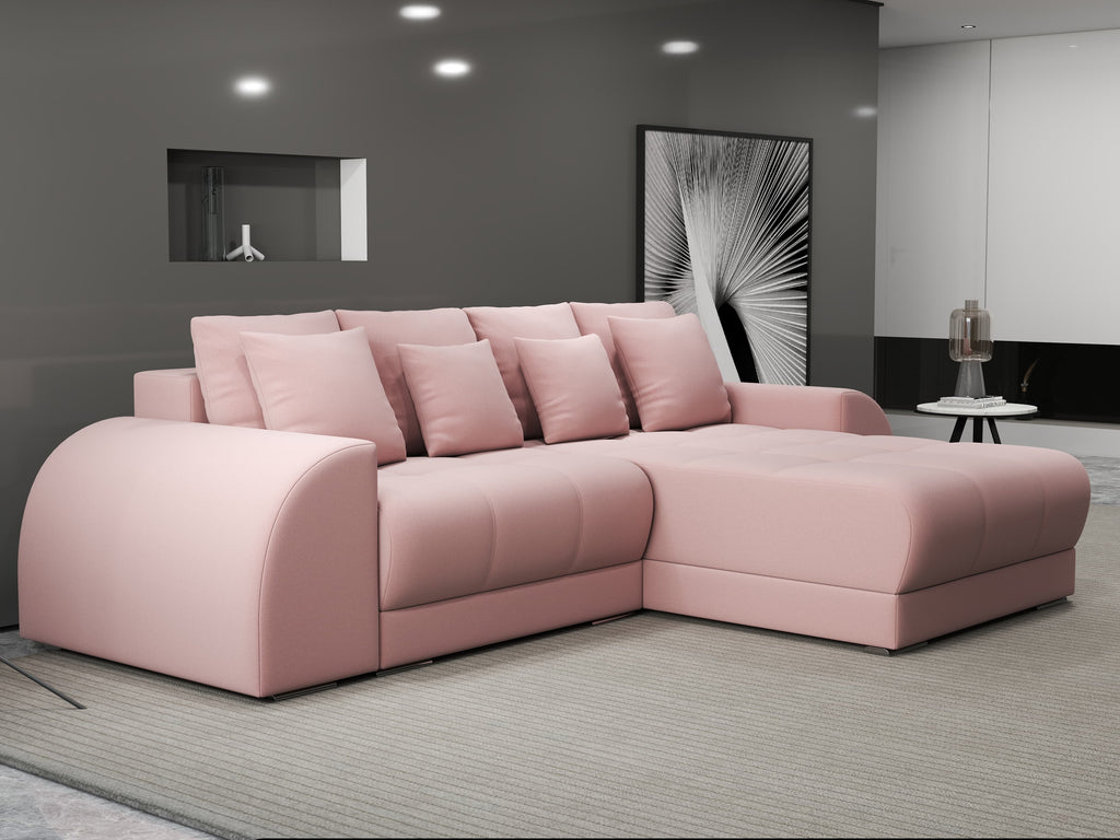 Colțar extensibil dumonde cu ladă de depozitare si sezut confortabil din spuma high-density, Verona Royal Roz II 290x185 cm