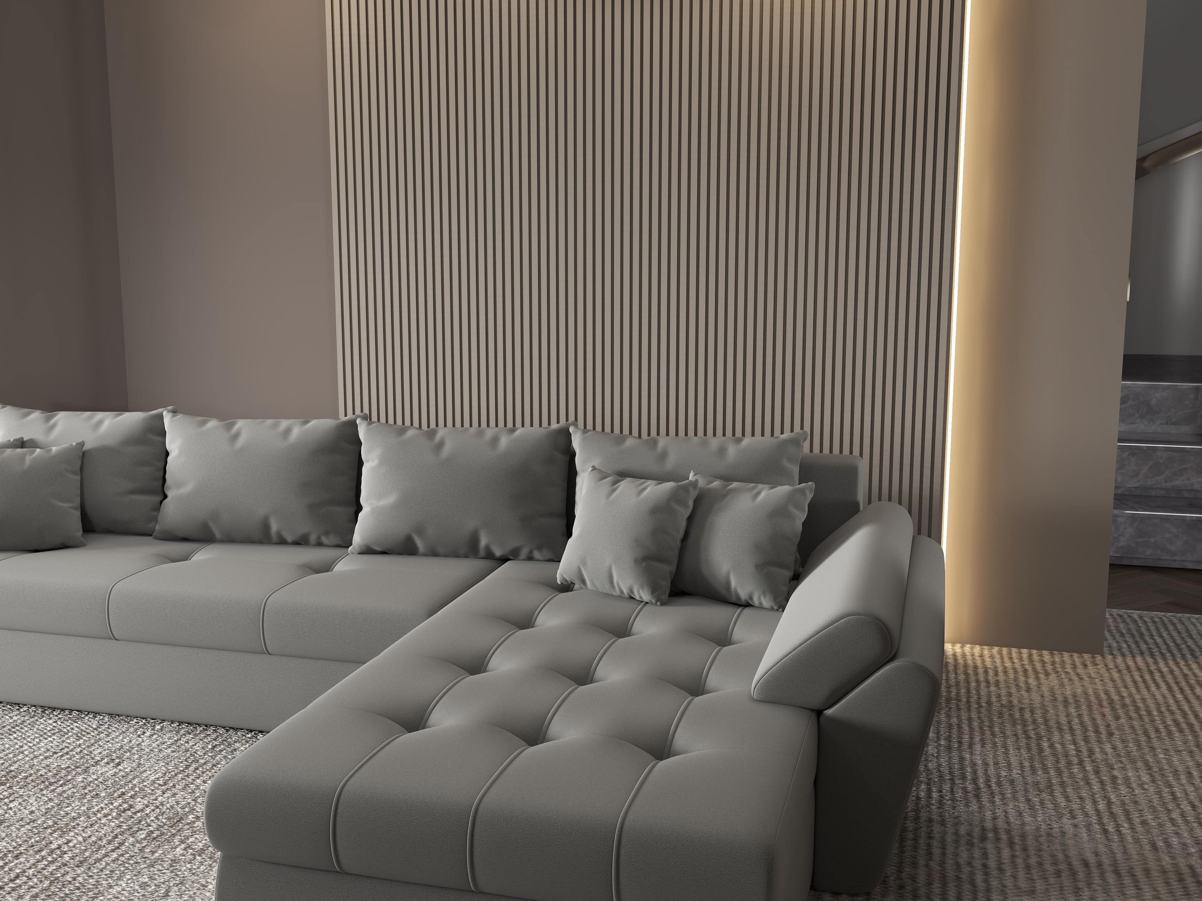 Colțar extensibil dumonde cu ladă de depozitare si sezut confortabil din spuma high-density, Loana XL Royal Gri II 335x185 cm