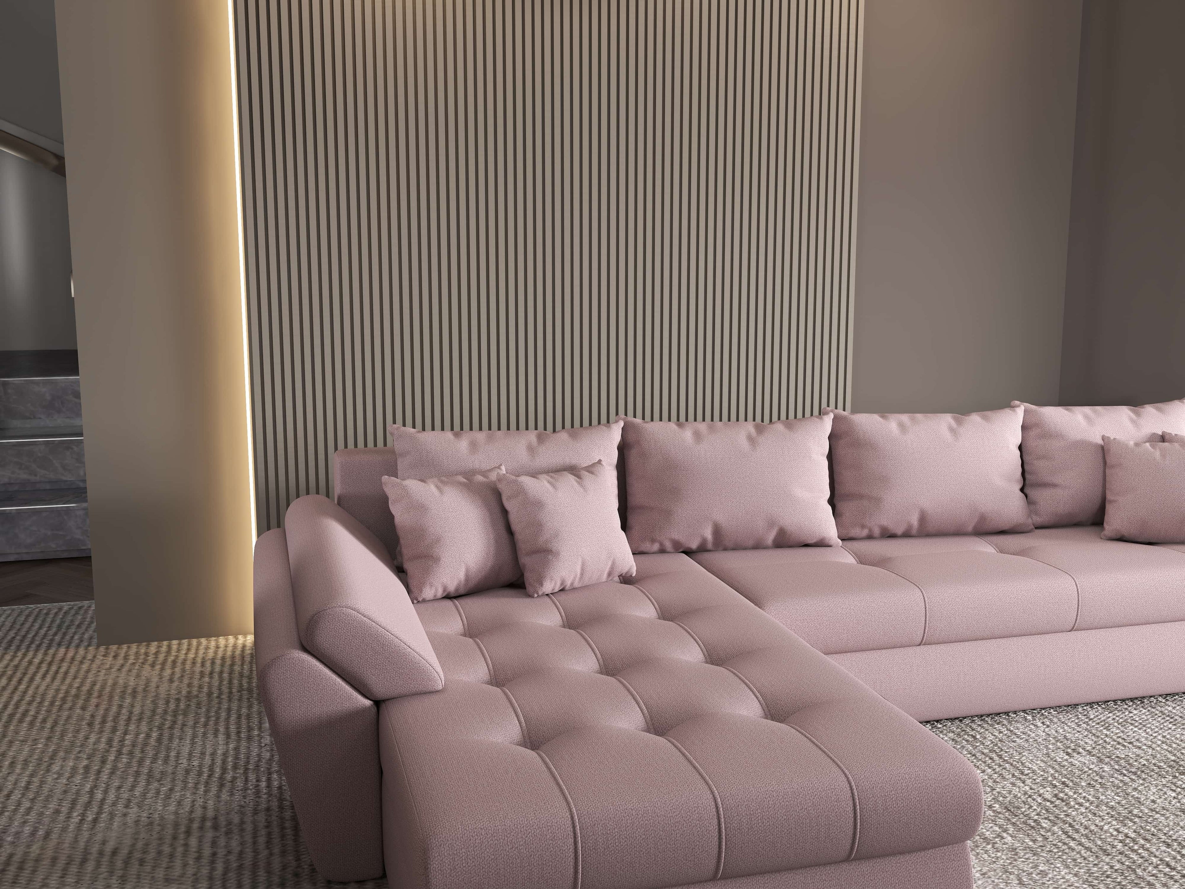 Colțar extensibil dumonde cu ladă de depozitare si sezut confortabil din spuma high-density, Loana XL Enjoy Flamingo 335x185 cm