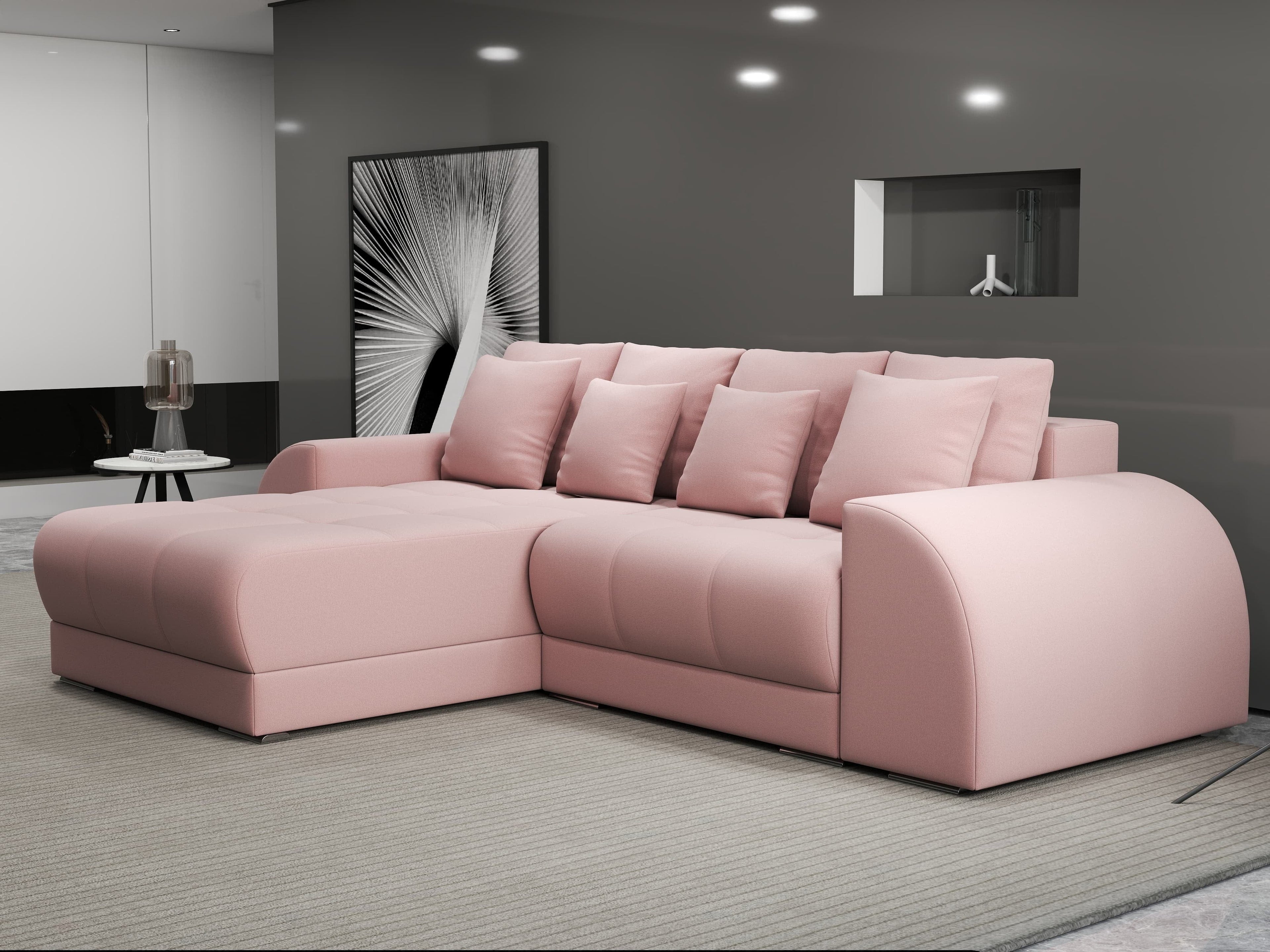 Colțar extensibil dumonde cu ladă de depozitare si sezut confortabil din spuma high-density, Verona Royal Roz 290x185 cm