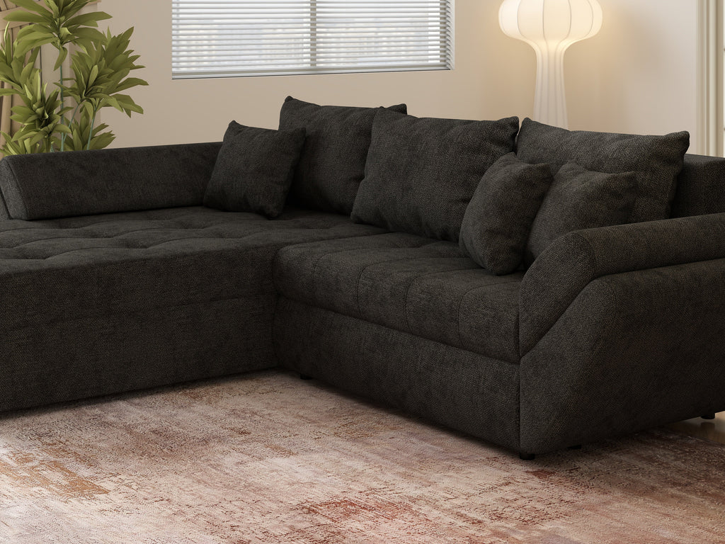 Colțar extensibil dumonde cu ladă de depozitare si sezut confortabil din spuma high-density, Loana Enjoy Black II 270x185 cm