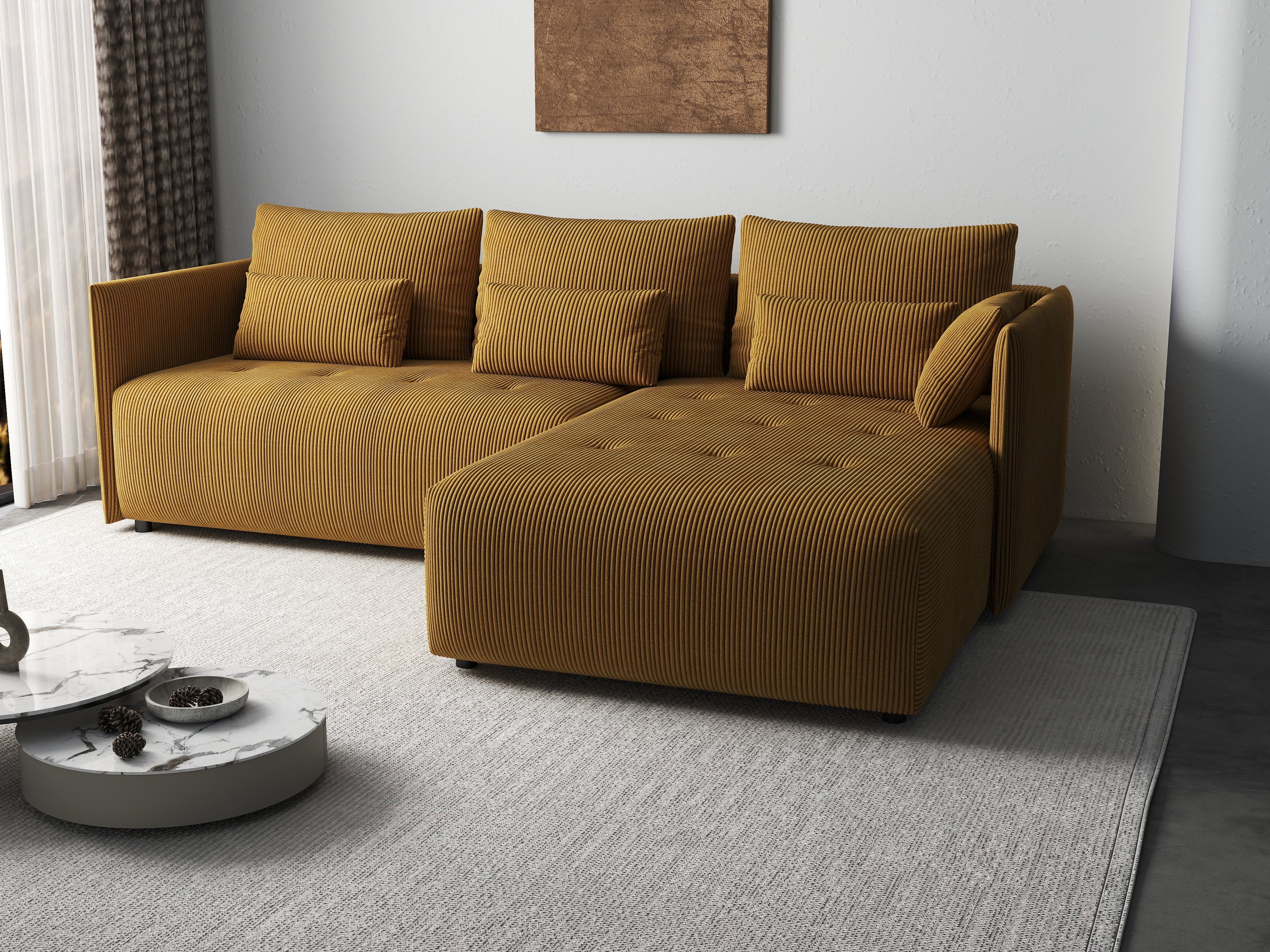 Colțar extensibil dumonde cu ladă de depozitare si sezut confortabil din spuma high-density, Malta Zoom Mustar 235x185 cm