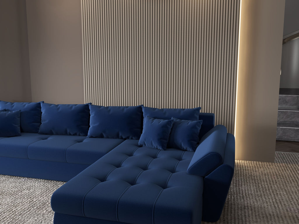 Colțar extensibil dumonde cu ladă de depozitare si sezut confortabil din spuma high-density, Loana XL Royal Albastru II 335x185 cm