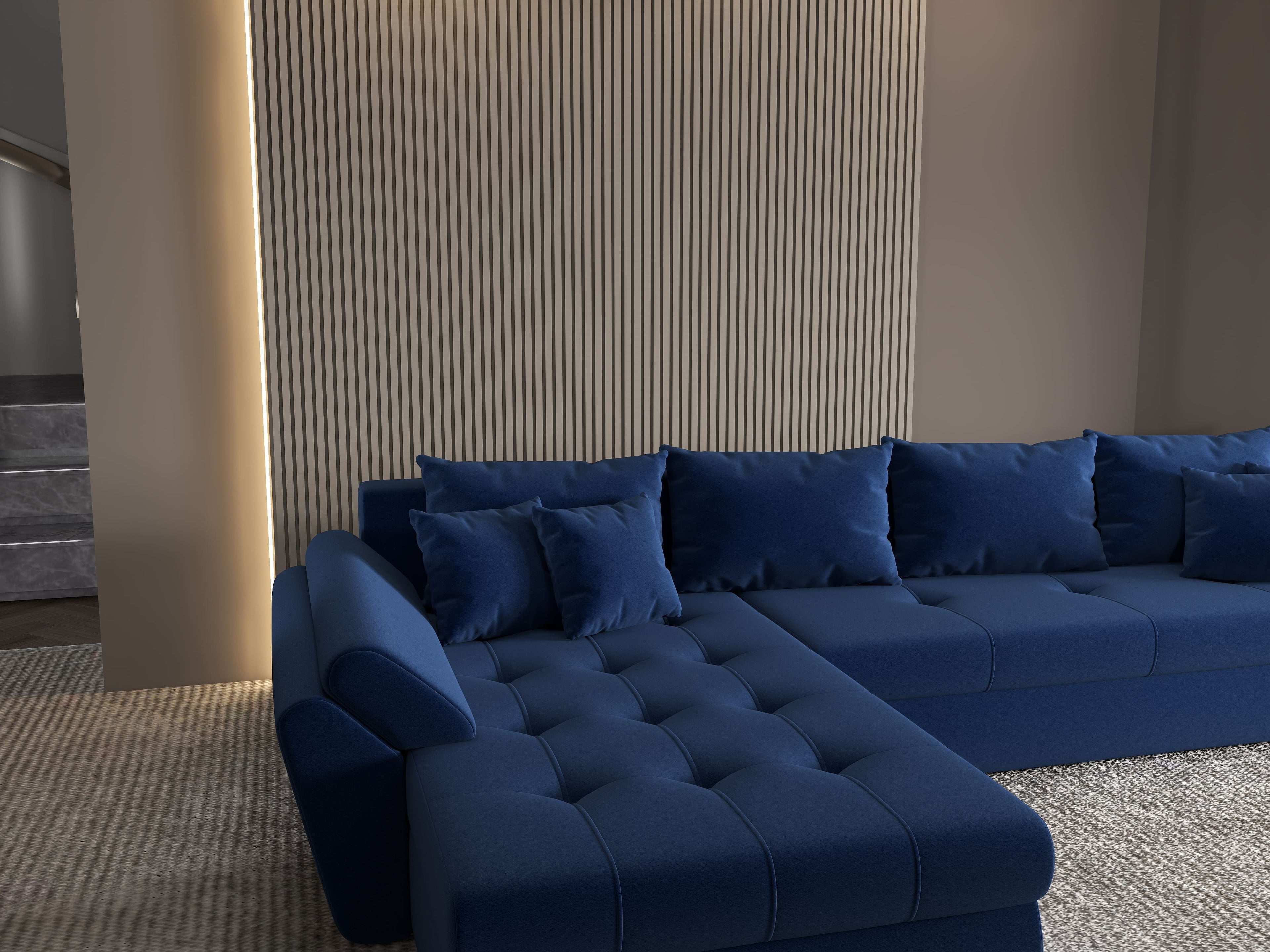 Colțar extensibil dumonde cu ladă de depozitare si sezut confortabil din spuma high-density, Loana XL Royal Albastru 335x185 cm