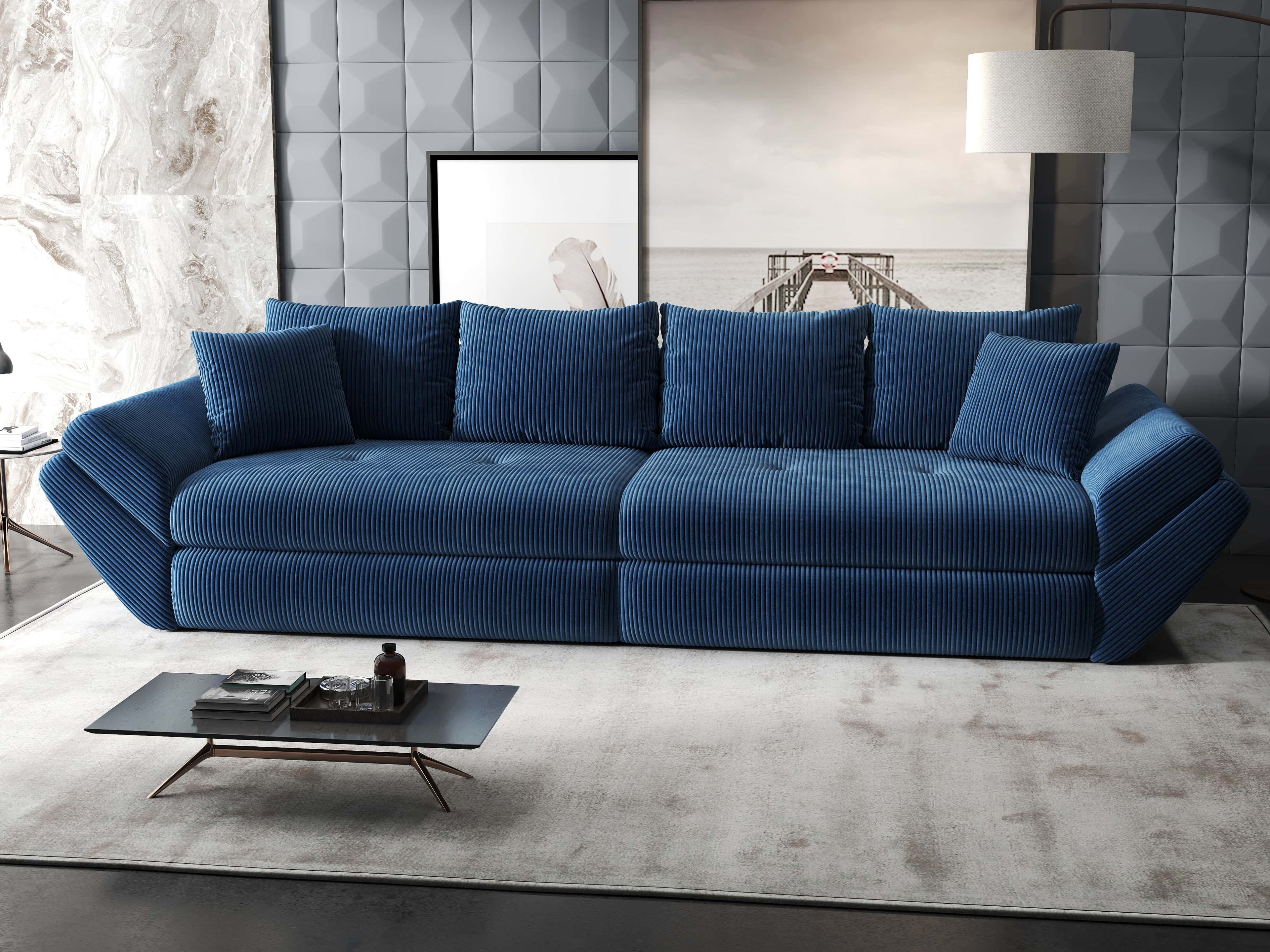 Canapea extensibilă dumonde cu ladă de depozitare si sezut confortabil din spuma high-density, Loana Zoom Albastru 300x100 cm