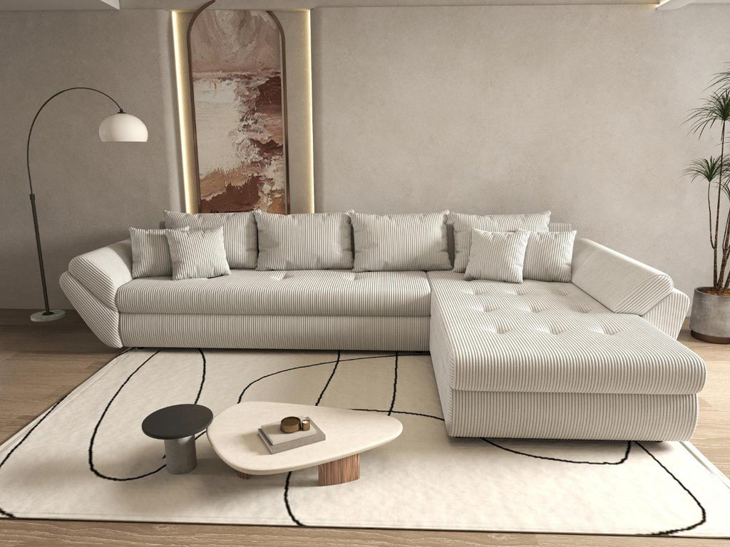 Colțar extensibil dumonde cu ladă de depozitare si sezut confortabil din spuma high-density, Loana XL Zoom Cream II 335x185 cm