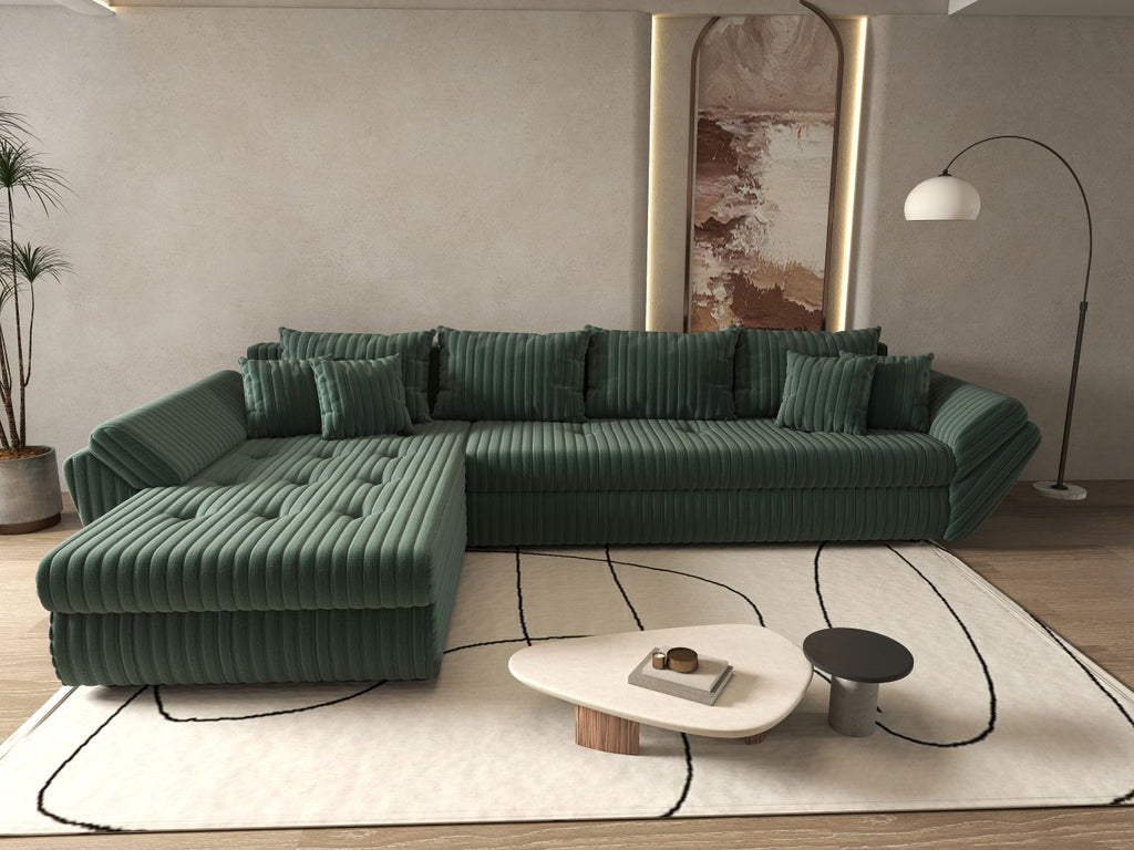 Colțar extensibil dumonde cu ladă de depozitare si sezut confortabil din spuma high-density, Loana XL Ambience Verde 335x185 cm