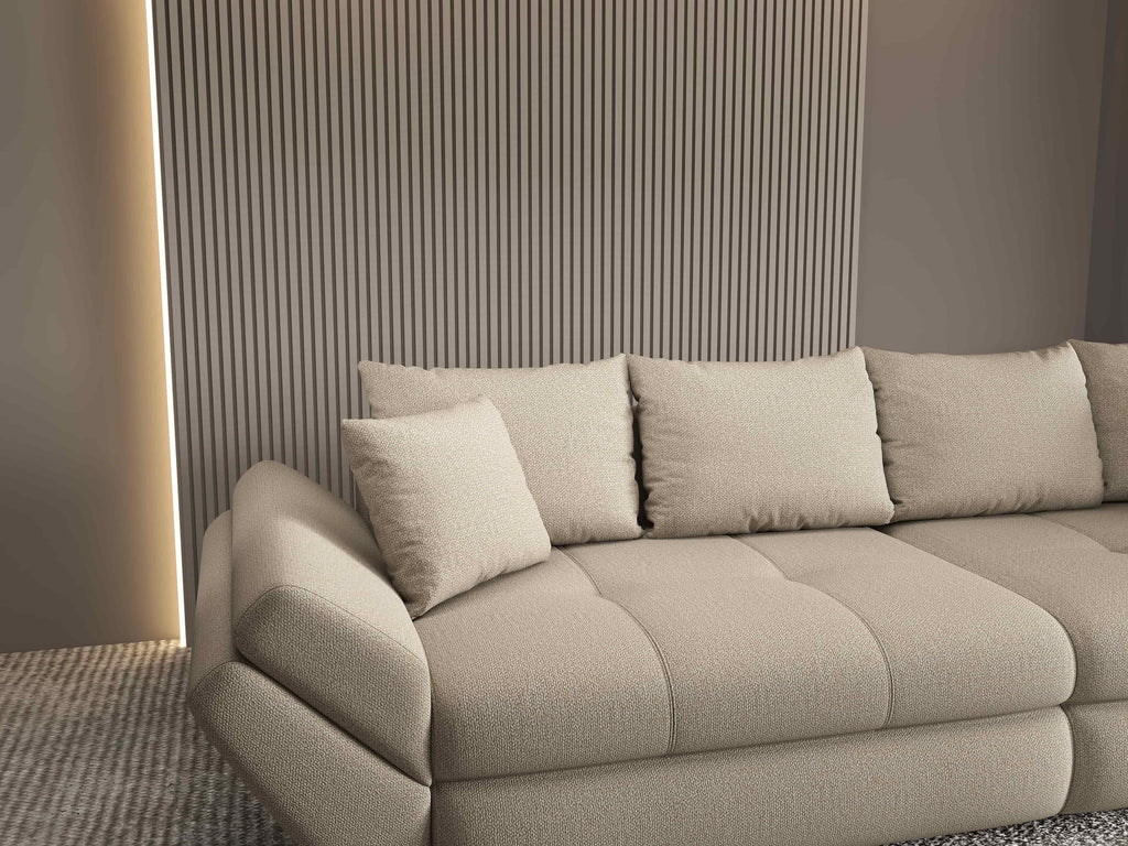 Canapea extensibilă dumonde cu ladă de depozitare si sezut confortabil din spuma high-density, Loana Enjoy Camel 300x100 cm