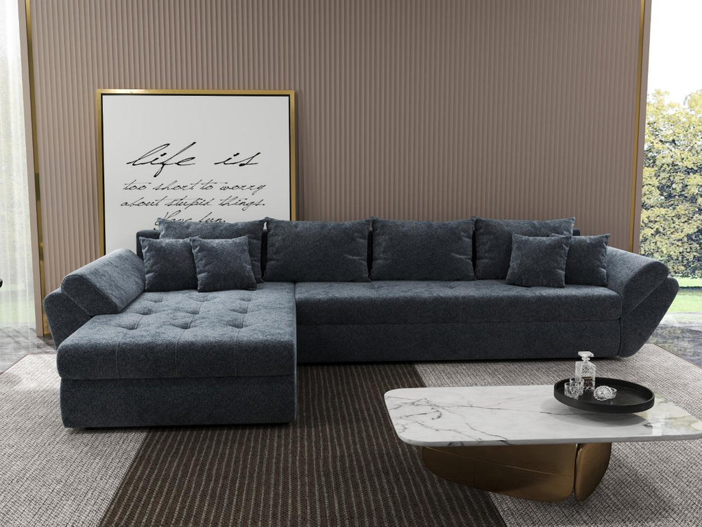 Colțar extensibil dumonde cu ladă de depozitare si sezut confortabil din spuma high-density, Loana XL Euphoria Grafit 335x185 cm