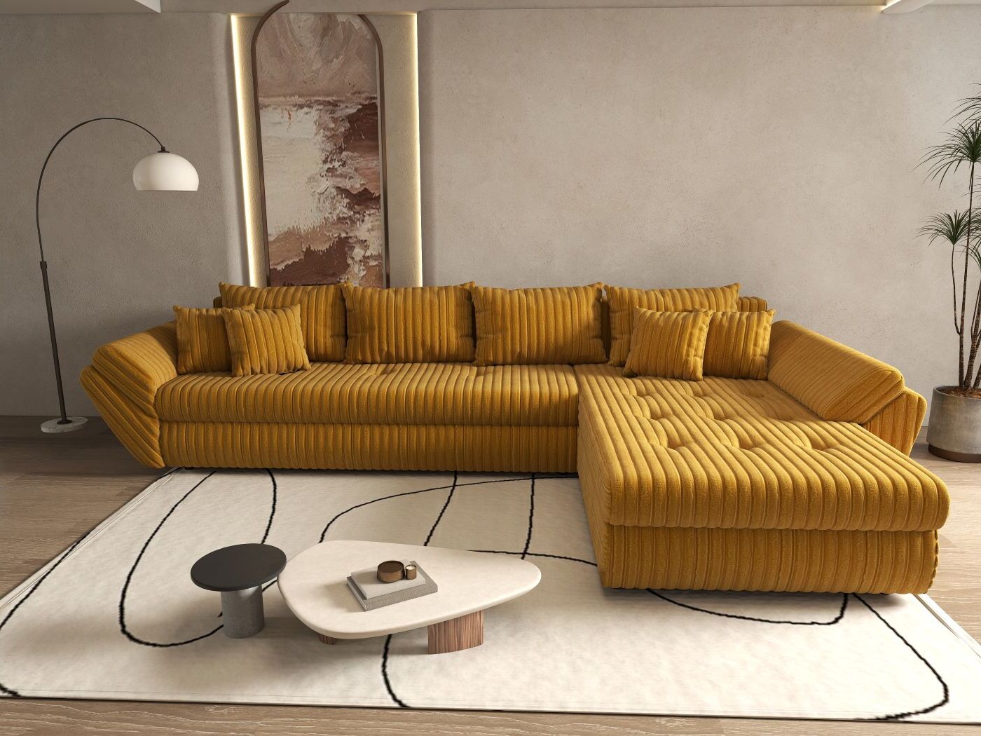 Colțar extensibil dumonde cu ladă de depozitare si sezut confortabil din spuma high-density, Loana XL Ambience Mustar II 335x185 cm