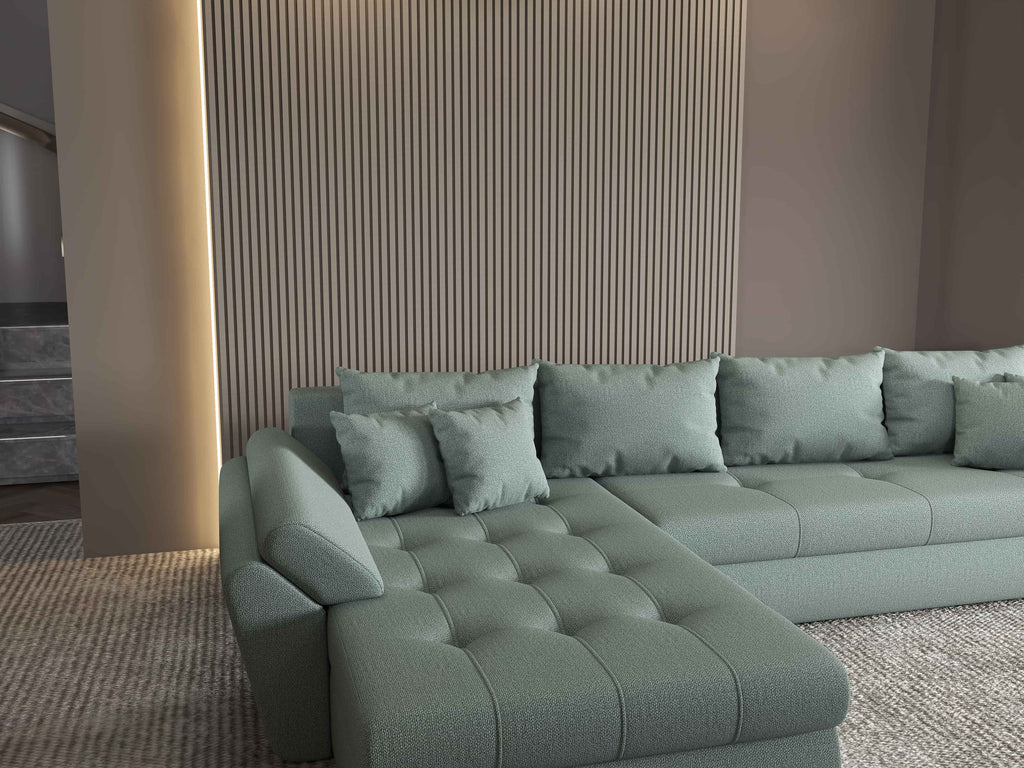 Colțar extensibil dumonde cu ladă de depozitare si sezut confortabil din spuma high-density, Loana XL Enjoy Mint 335x185 cm