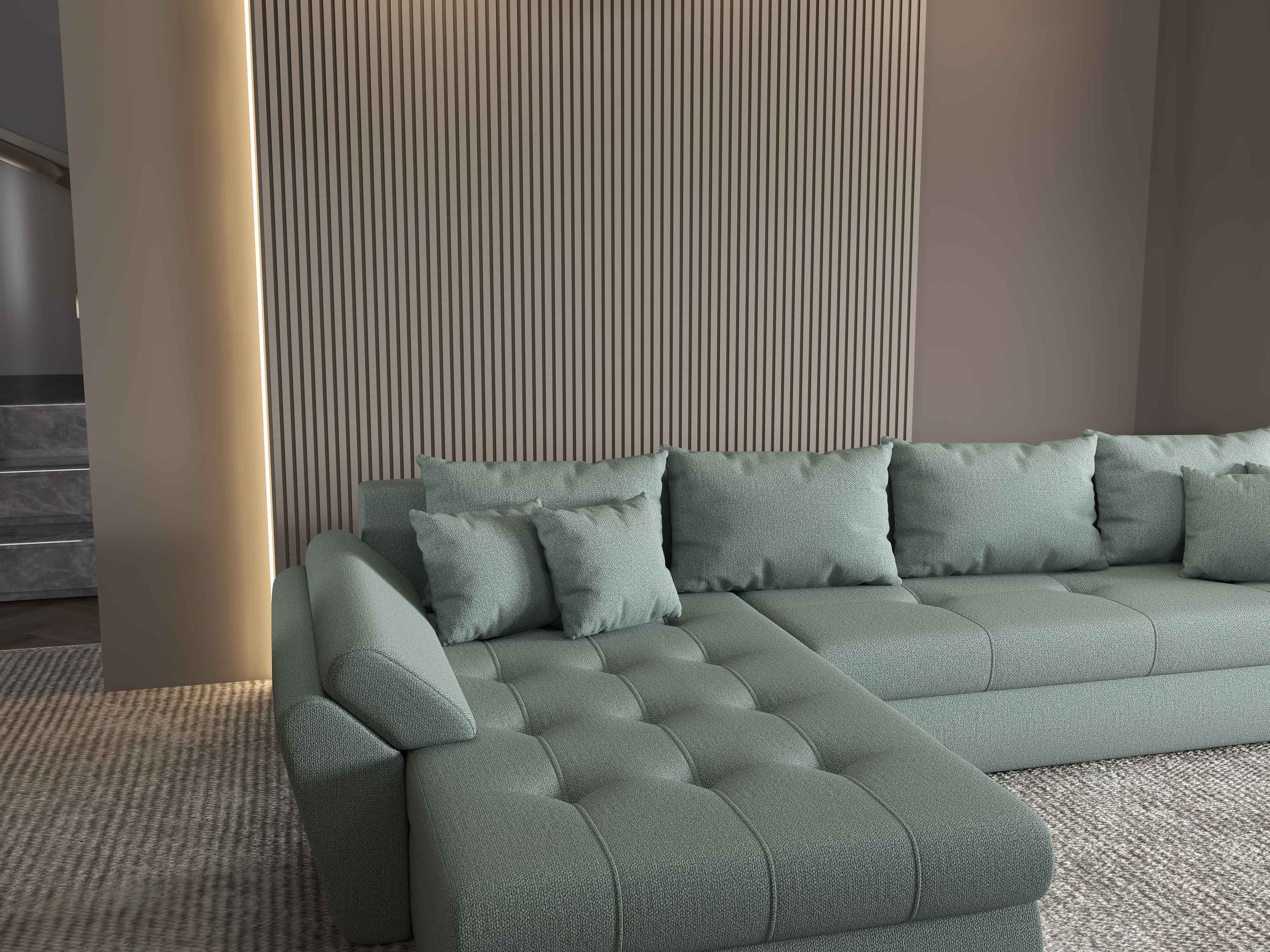 Colțar extensibil dumonde cu ladă de depozitare si sezut confortabil din spuma high-density, Loana XL Enjoy Mint 335x185 cm