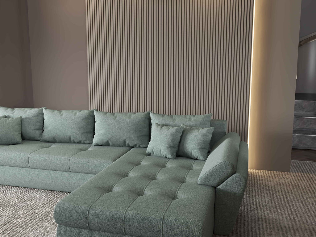 Colțar extensibil dumonde cu ladă de depozitare si sezut confortabil din spuma high-density, Loana XL Enjoy Mint II 335x185 cm