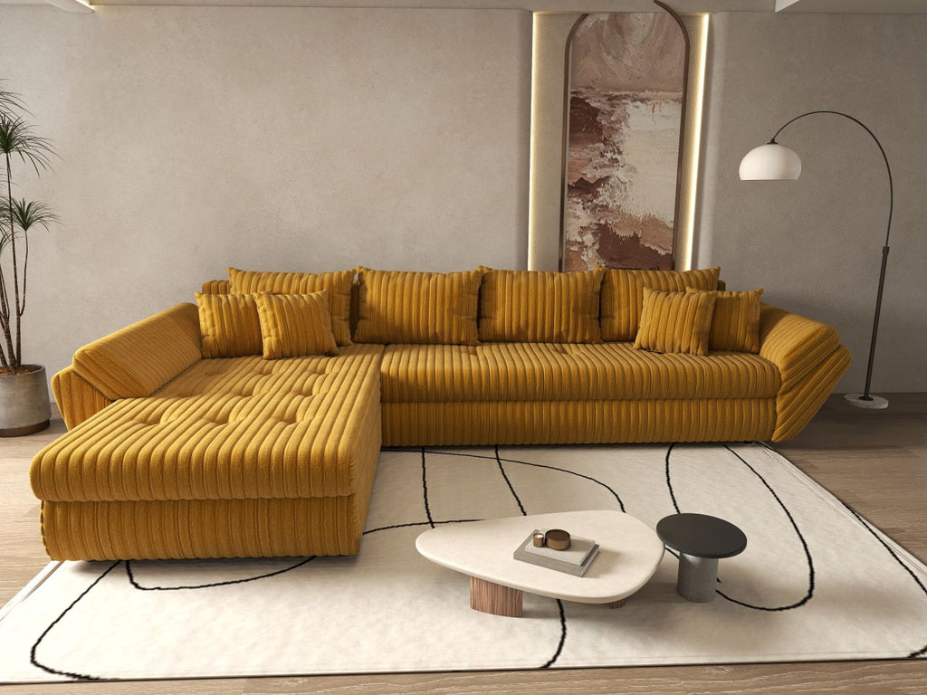 Colțar extensibil dumonde cu ladă de depozitare si sezut confortabil din spuma high-density, Loana XL Ambience Mustar 335x185 cm