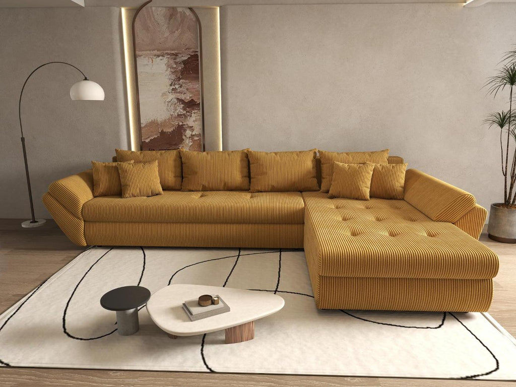 Colțar extensibil dumonde cu ladă de depozitare si sezut confortabil din spuma high-density, Loana XL Zoom Mustar II 335x185 cm