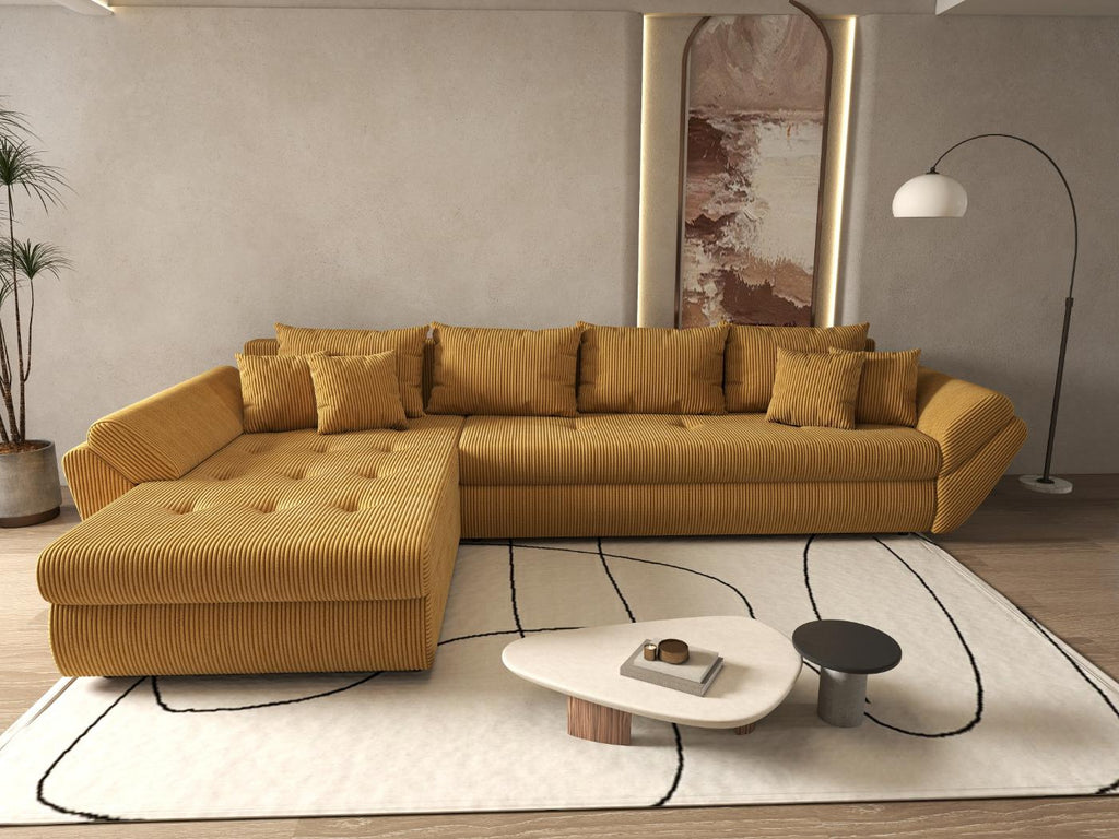 Colțar extensibil dumonde cu ladă de depozitare si sezut confortabil din spuma high-density, Loana XL Zoom Mustar 335x185 cm