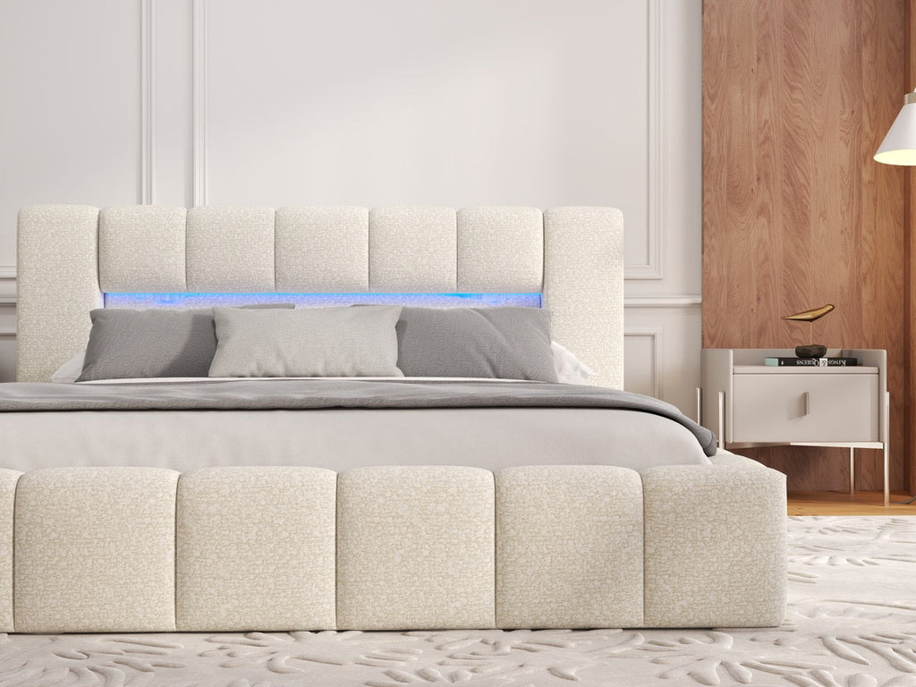 Pat dormitor dumonde, tapitat bej cu LED si USB, Palermo 160x200 cm, somiera rabatabila inclusa, spatiu depozitare