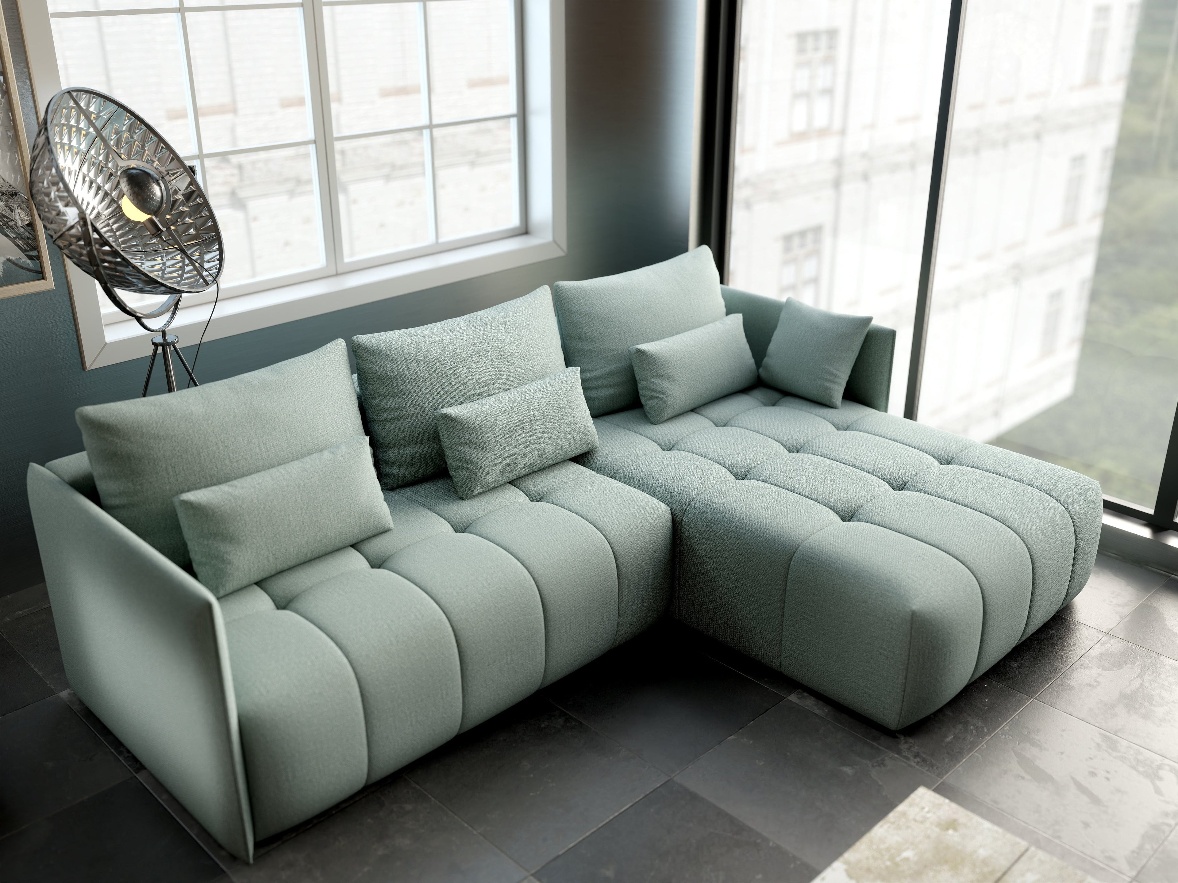 Colțar extensibil dumonde cu ladă de depozitare si sezut confortabil din spuma high-density, Malta Enjoy Mint II 235x185 cm