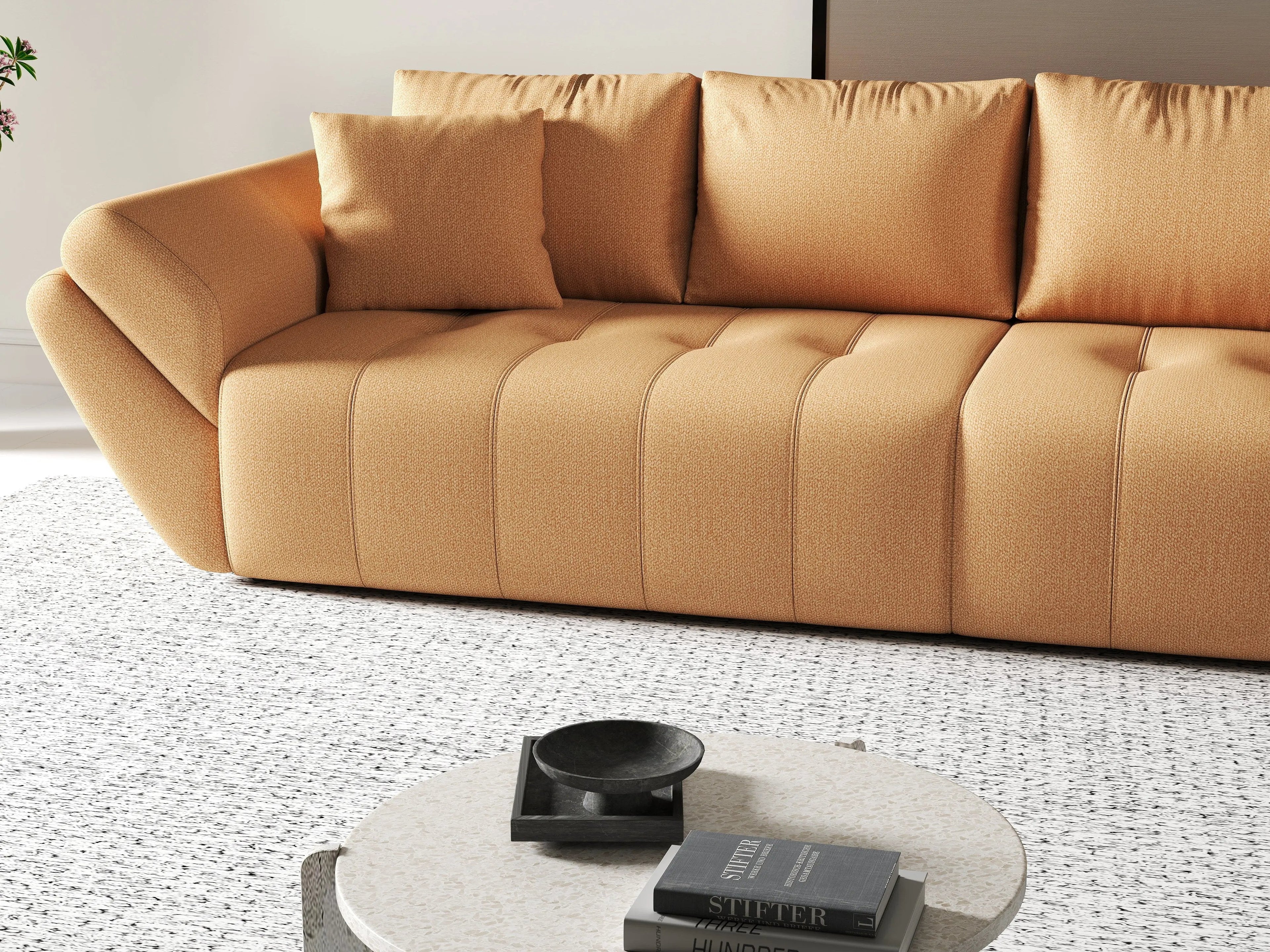 Canapea extensibilă dumonde cu ladă de depozitare si sezut confortabil din spuma high-density, Berlin Enjoy Mango 300x100 cm