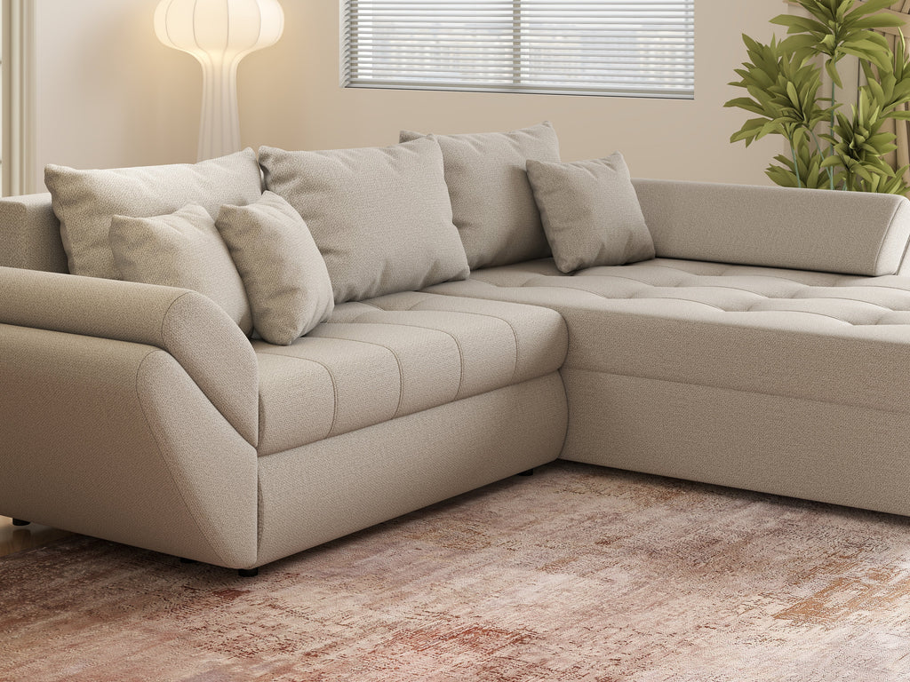 Colțar extensibil dumonde cu ladă de depozitare si sezut confortabil din spuma high-density, Loana Enjoy Bej II 270x185 cm