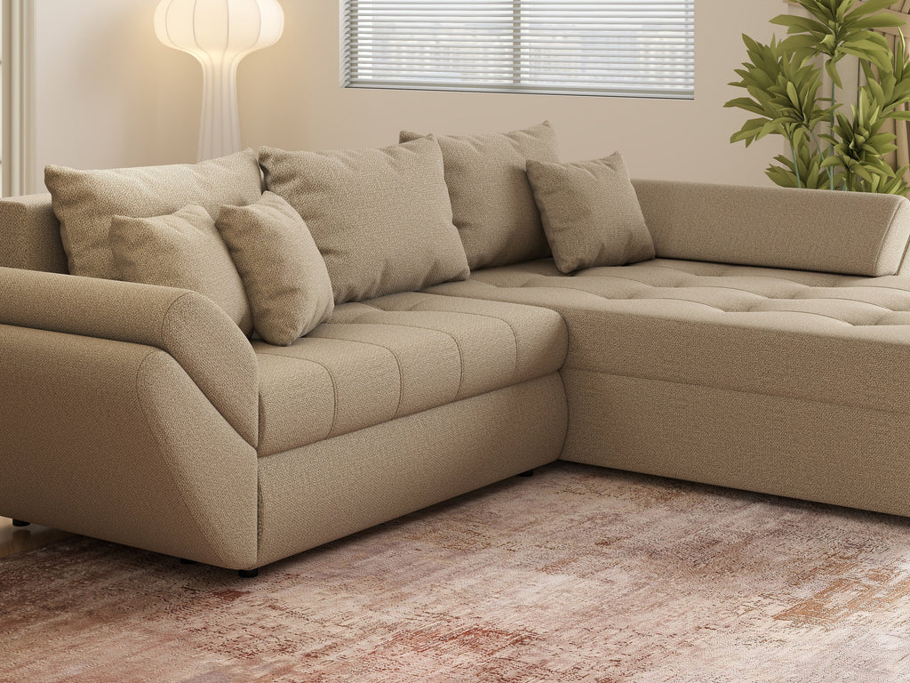Colțar extensibil dumonde cu ladă de depozitare si sezut confortabil din spuma high-density, Loana Enjoy Camel II 270x185 cm