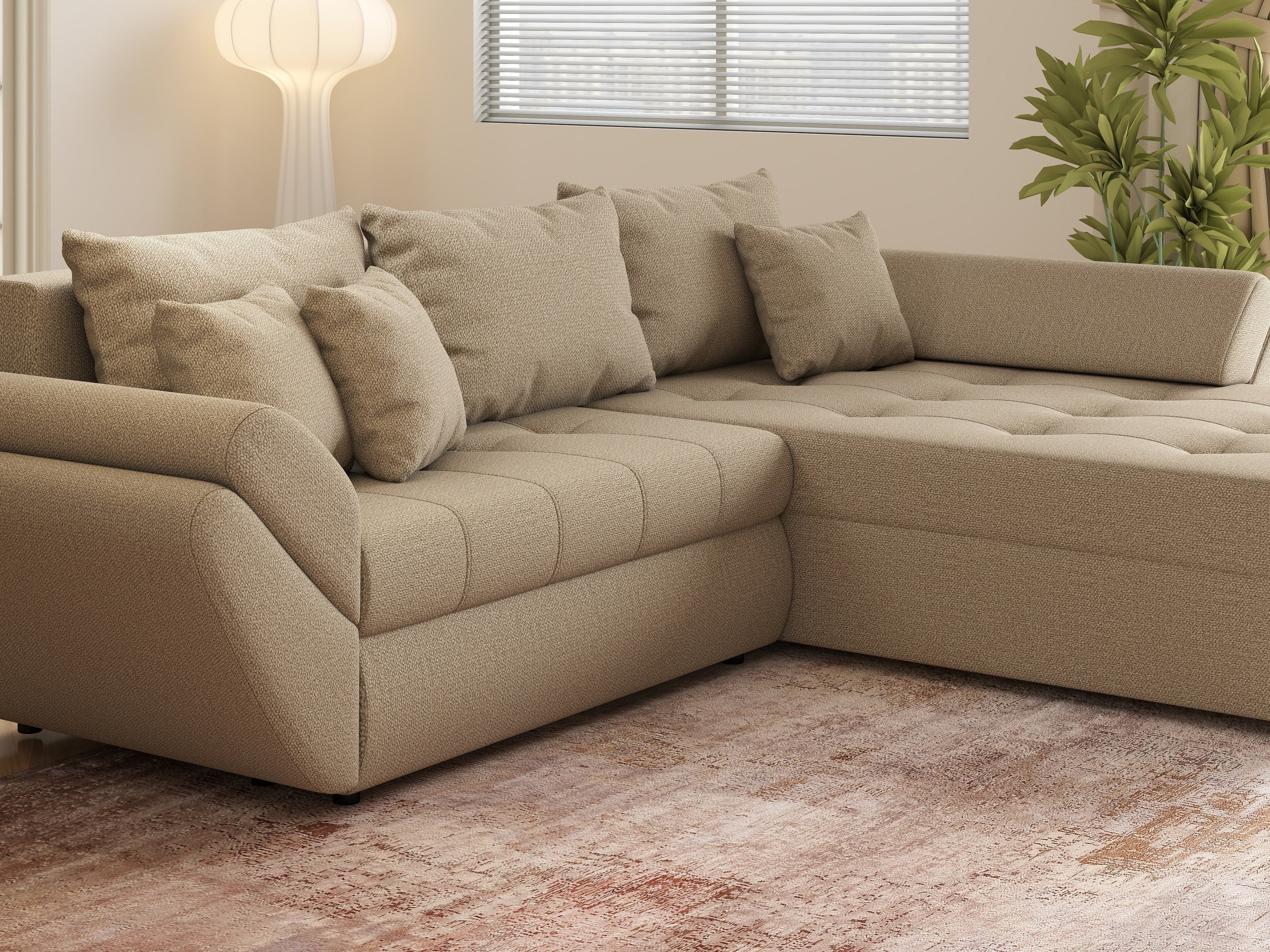 Colțar extensibil dumonde cu ladă de depozitare si sezut confortabil din spuma high-density, Loana Enjoy Camel II 270x185 cm