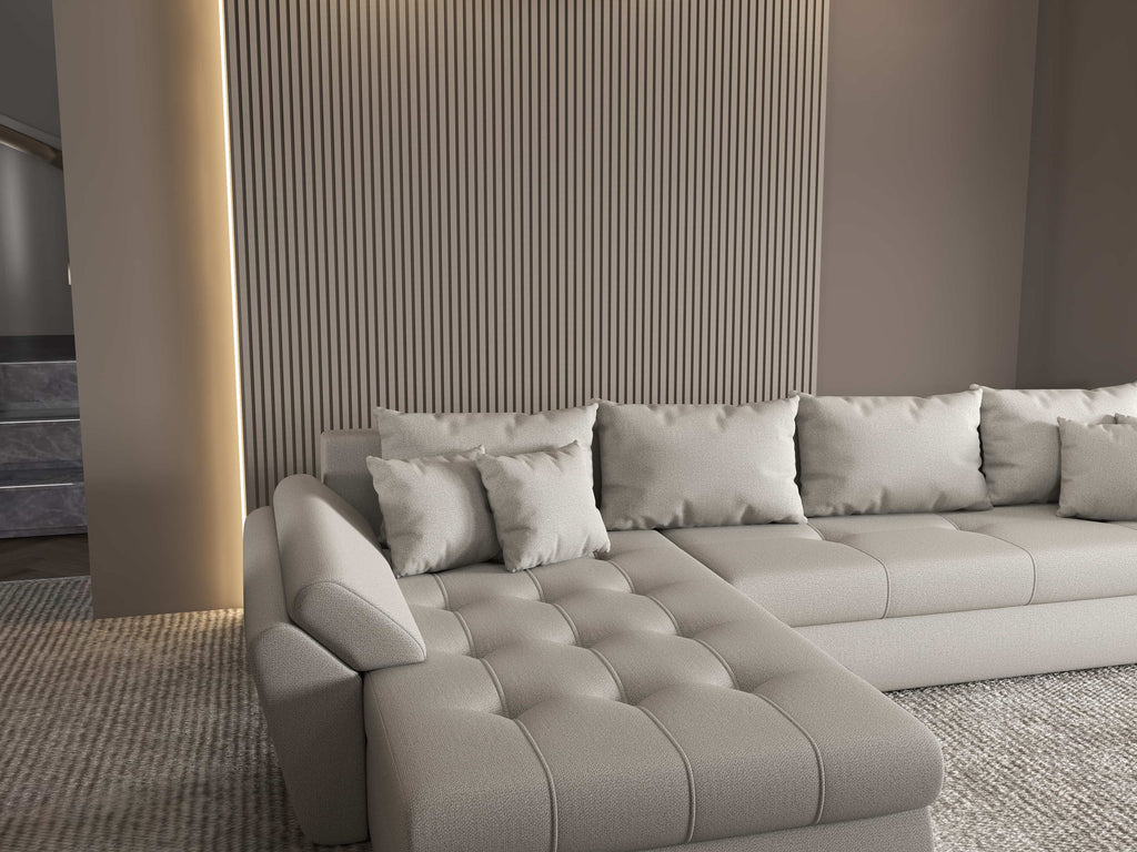 Colțar extensibil dumonde cu ladă de depozitare si sezut confortabil din spuma high-density, Loana XL Enjoy Beige 335x185 cm