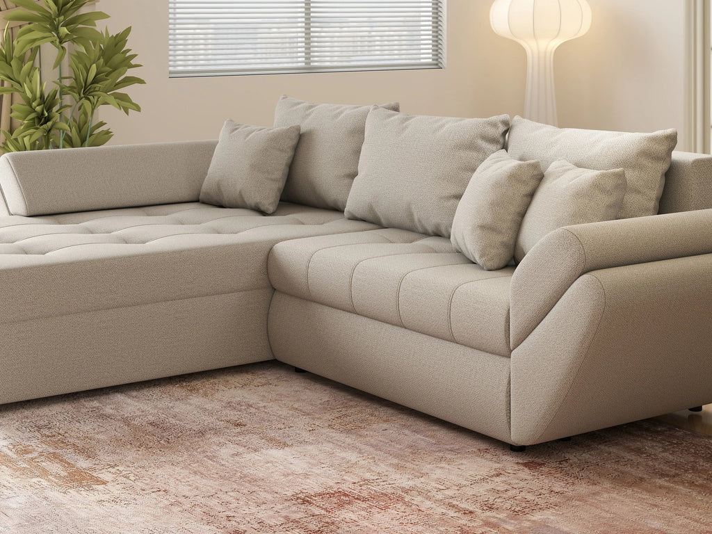 Colțar extensibil dumonde cu ladă de depozitare si sezut confortabil din spuma high-density, Loana Enjoy Bej 270x185 cm