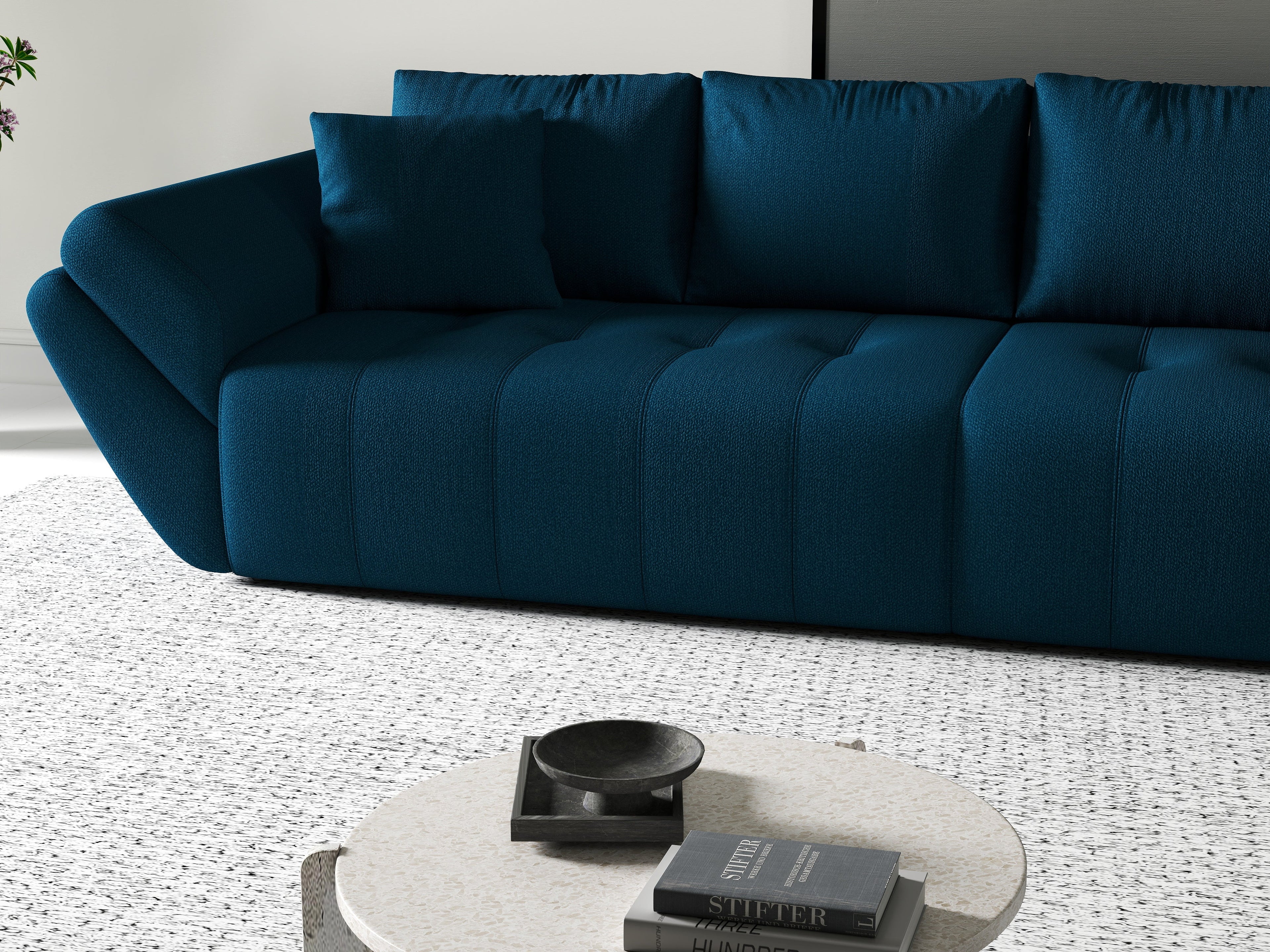 Canapea extensibilă dumonde cu ladă de depozitare si sezut confortabil din spuma high-density, Berlin Enjoy Petrol 300x100 cm